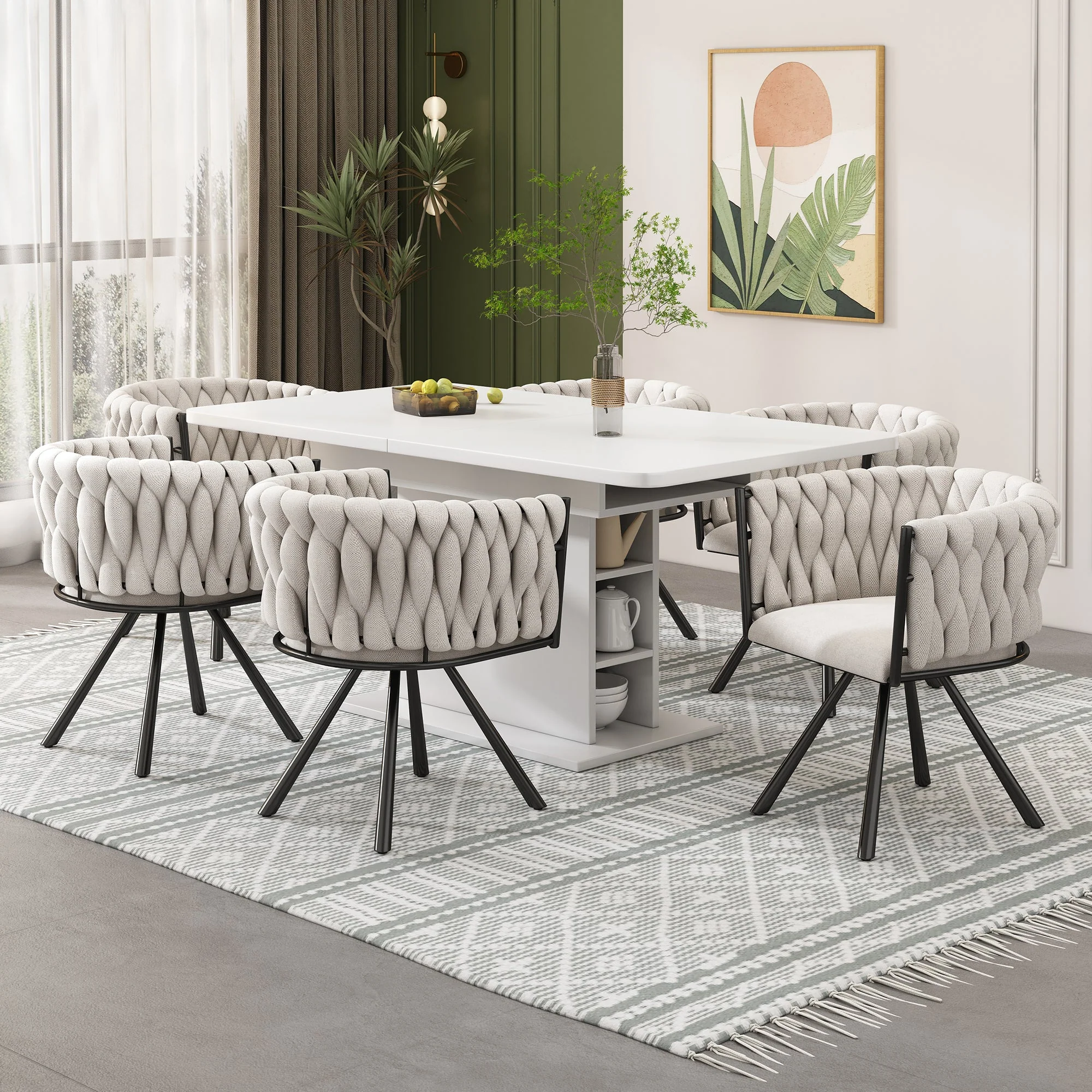 Swivel Dining Chairs, Set of 4 Luxury Leisure Chairs with Metal Support Legs, Beige Linen and Black Metal - Image 2