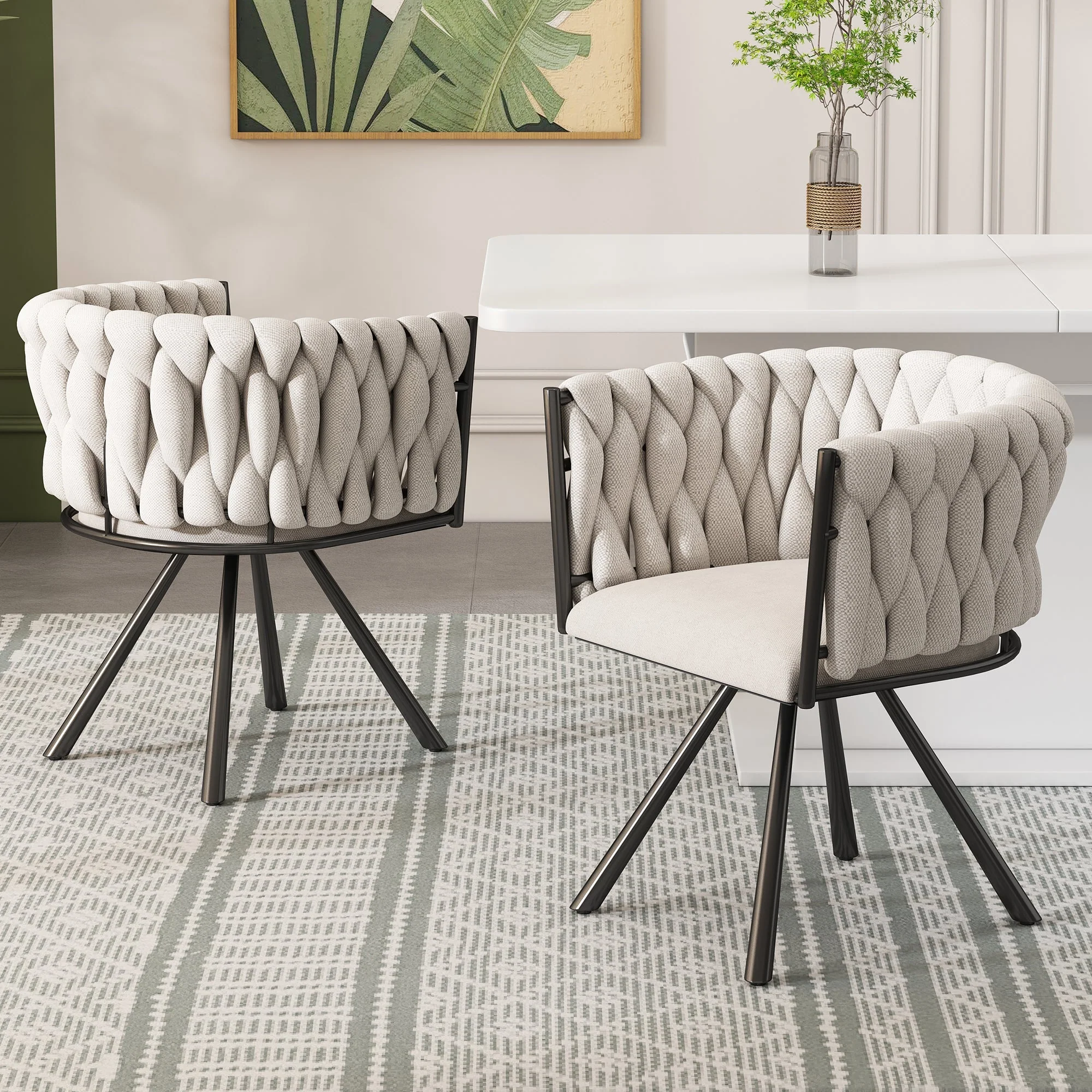 Swivel Dining Chairs, Set of 4 Luxury Leisure Chairs with Metal Support Legs, Beige Linen and Black Metal - Image 3