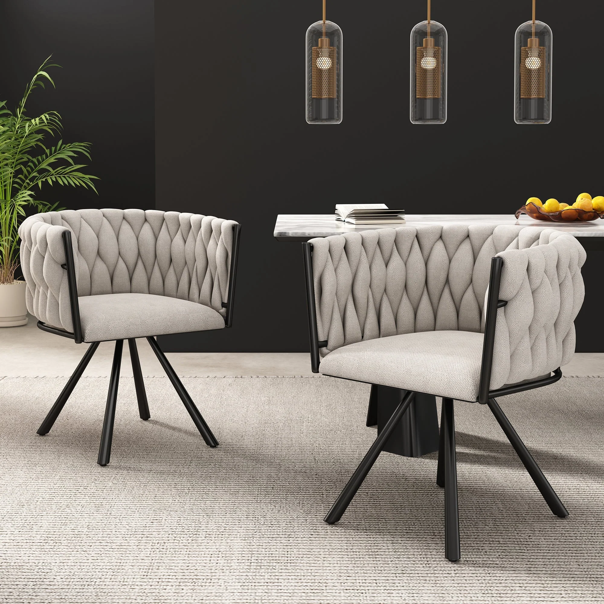 Swivel Dining Chairs, Set of 4 Luxury Leisure Chairs with Metal Support Legs, Beige Linen and Black Metal - Image 6