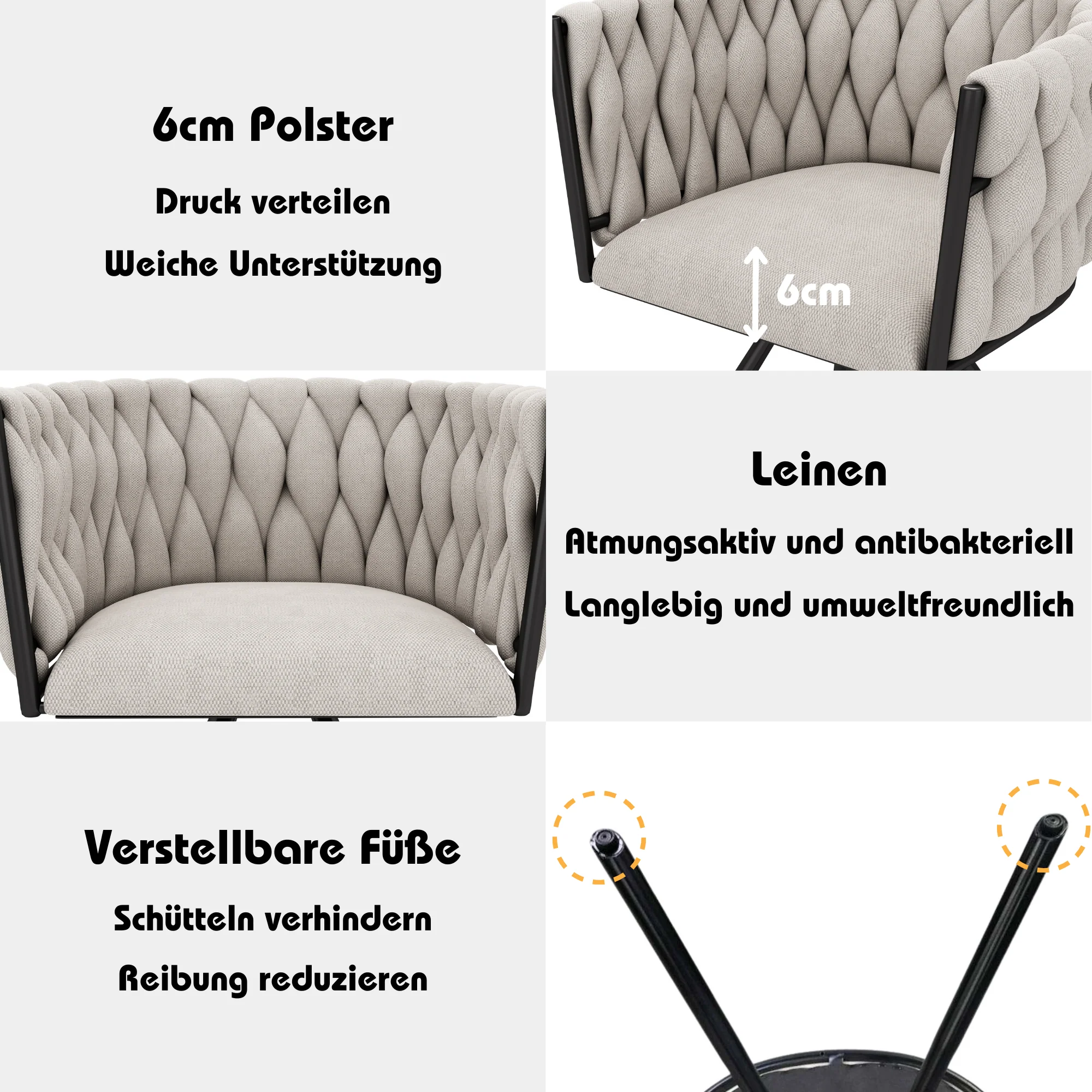 Swivel Dining Chairs, Set of 4 Luxury Leisure Chairs with Metal Support Legs, Beige Linen and Black Metal - Image 7