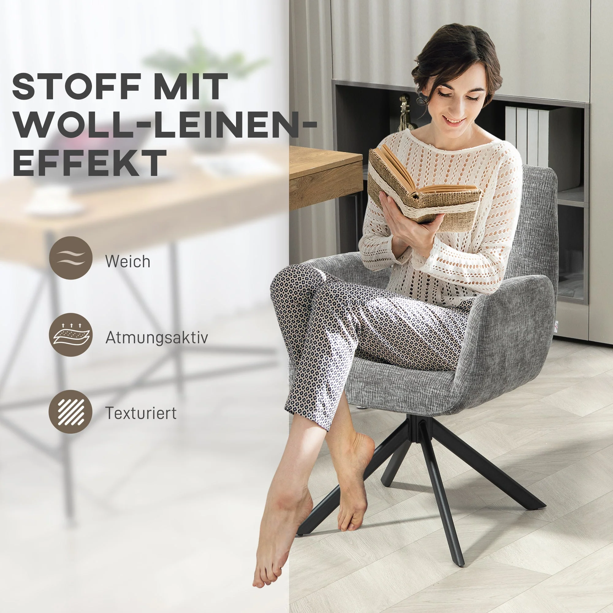 Swivel Lounge Chair, Upholstered with Button Stitching, Dark Grey Wool-Linen - Image 6
