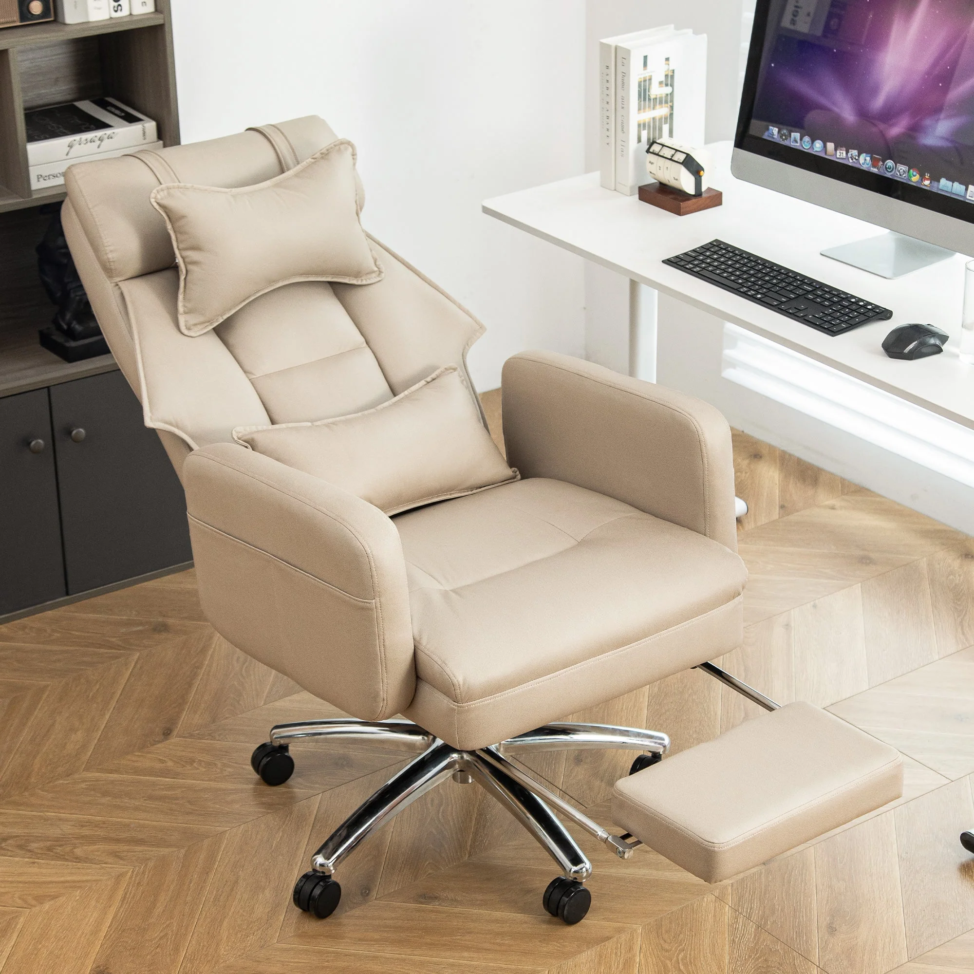 Swivel Office Chair Ergonomic High Back Lumbar Support Headrest 155° Reclining Technology Leather Beige - Image 8