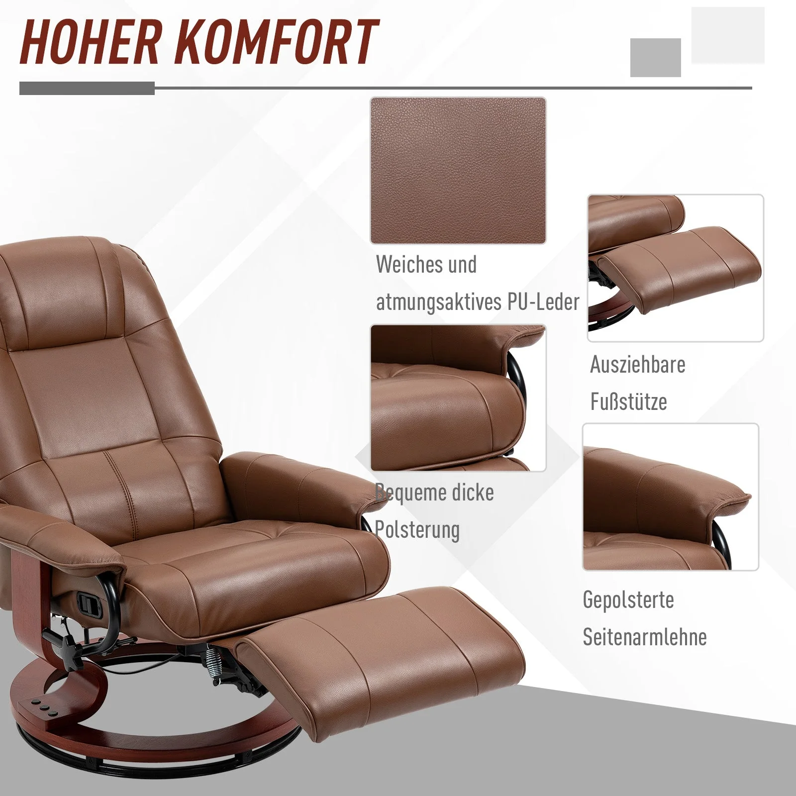 Swivel Recliner Chair, Reclining Footrest Armrests, Faux Leather - Image 6