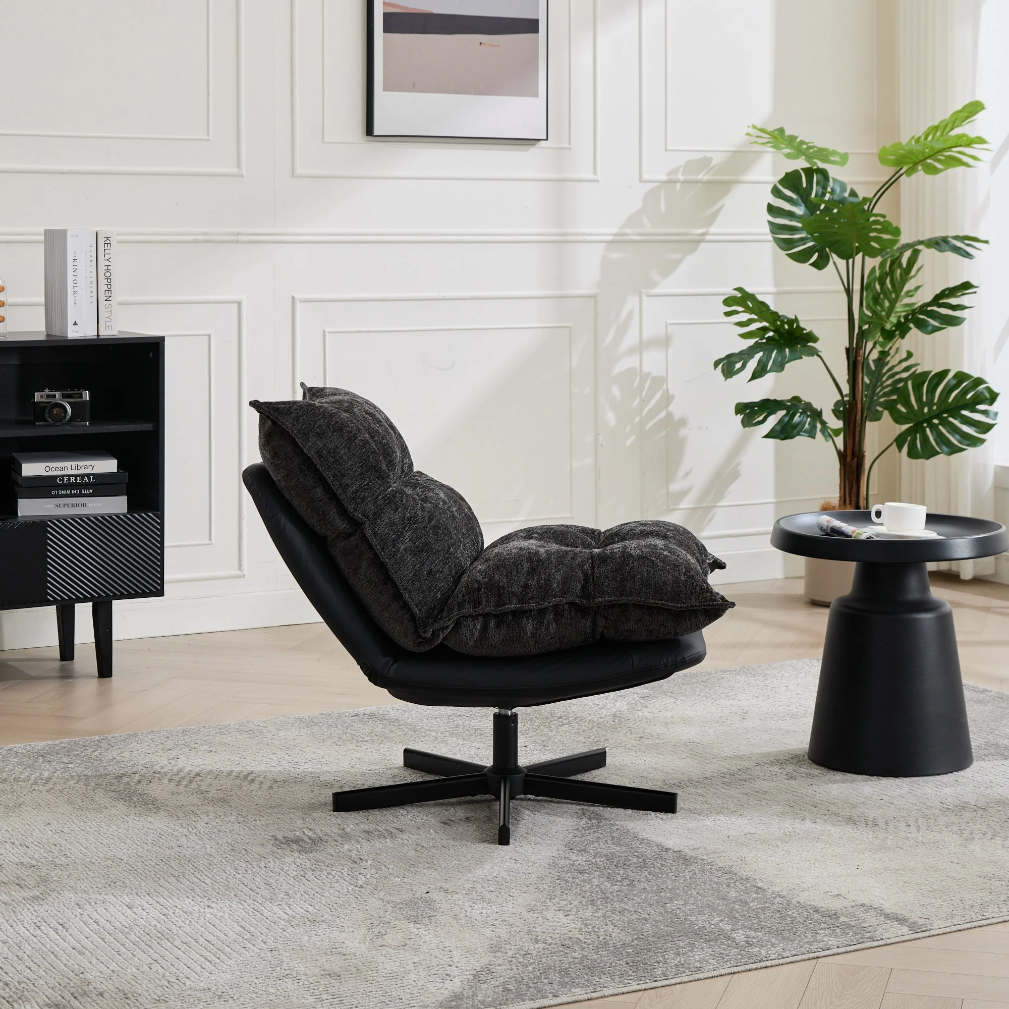 Swivel Recliner with 3-Position Adjustable Backrest and Memory Foam, Dark Grey Chenille and Faux Leather - Image 3