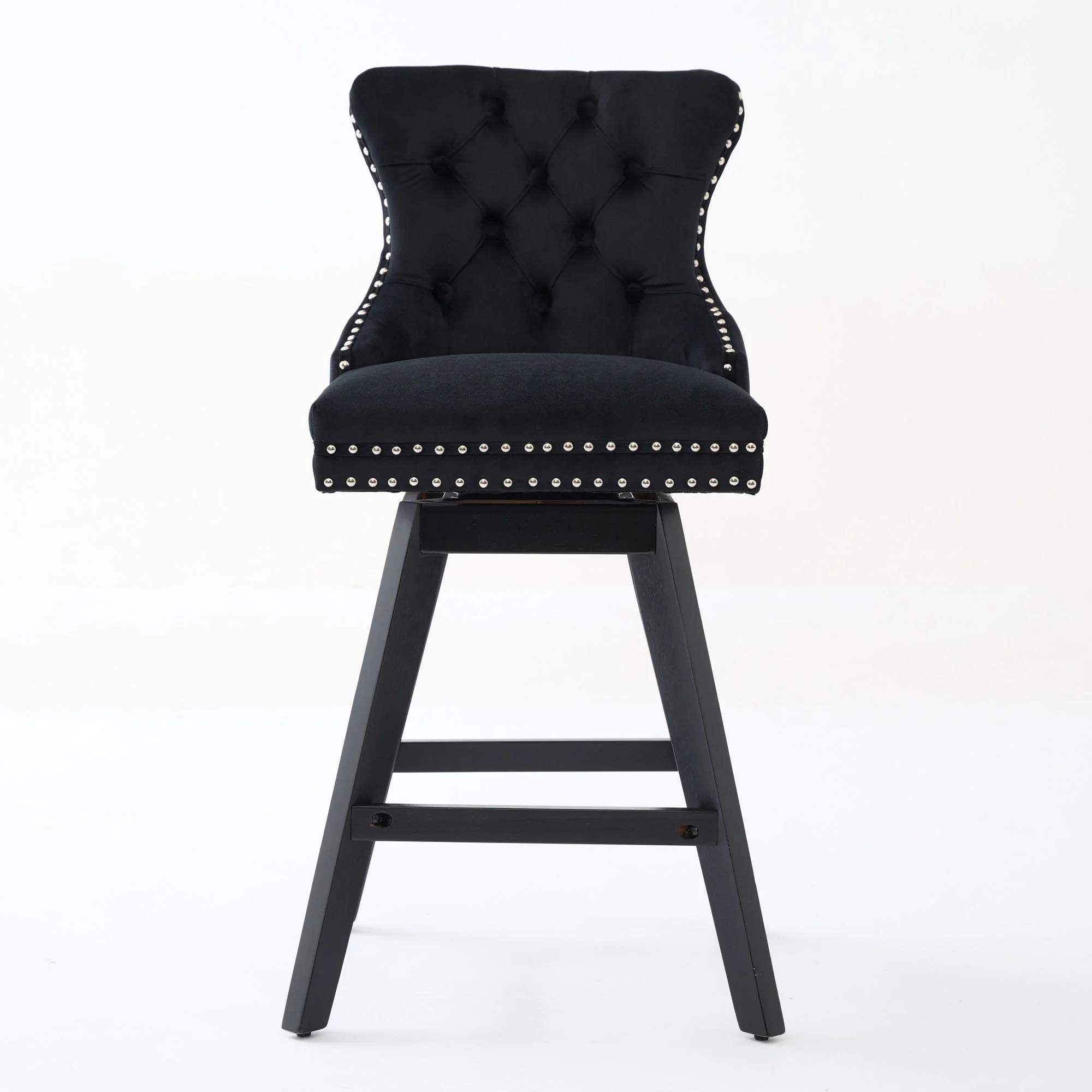 Swivel Velvet Barstools Button Tufted Wooden Legs Set of 2 - Black - Image 2