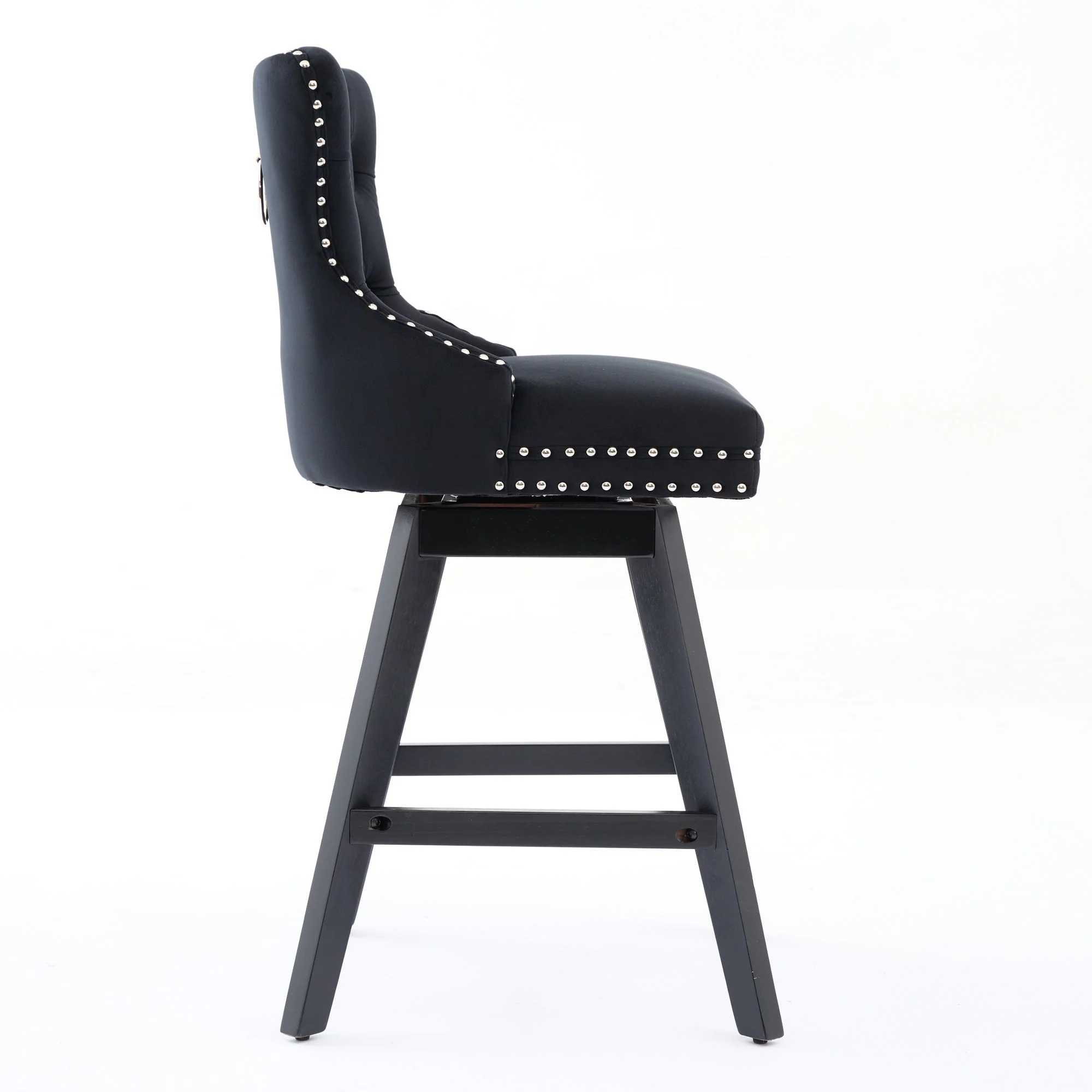 Swivel Velvet Barstools Button Tufted Wooden Legs Set of 2 - Black - Image 5