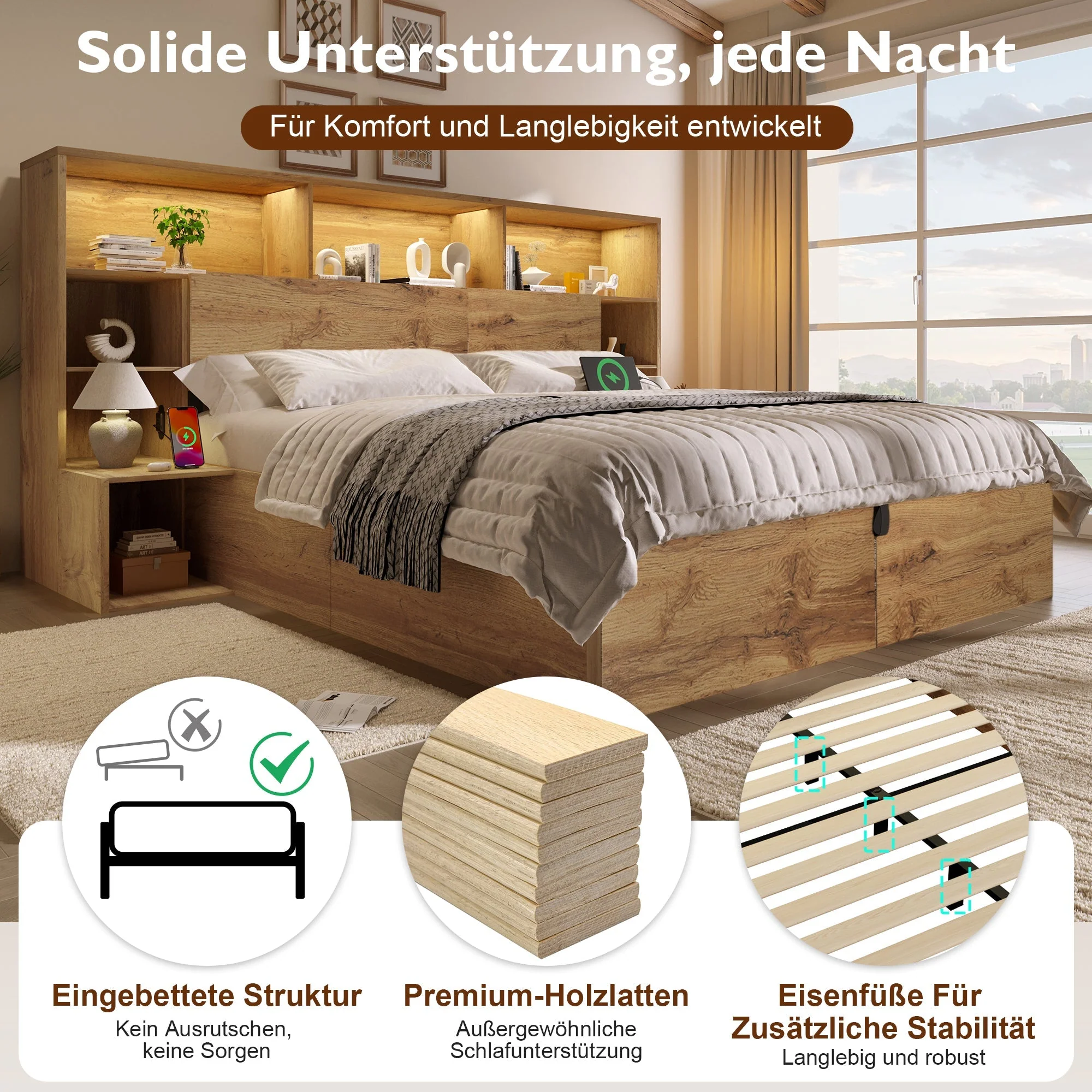 System Bed with Hydraulic Storage, Bedside Tables, LED & USB-C, 160x200cm, Oak Look Wood - Image 3