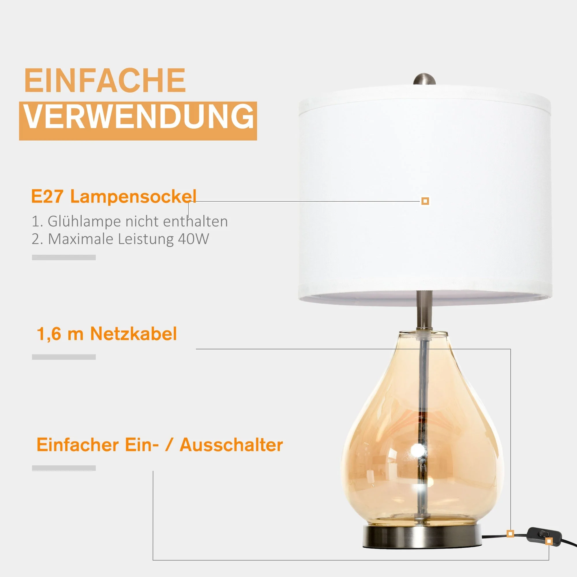 Table Lamp Set of 2 Bedside Lamps E27 Socket 40W Glass Linen Steel Amber - Image 6