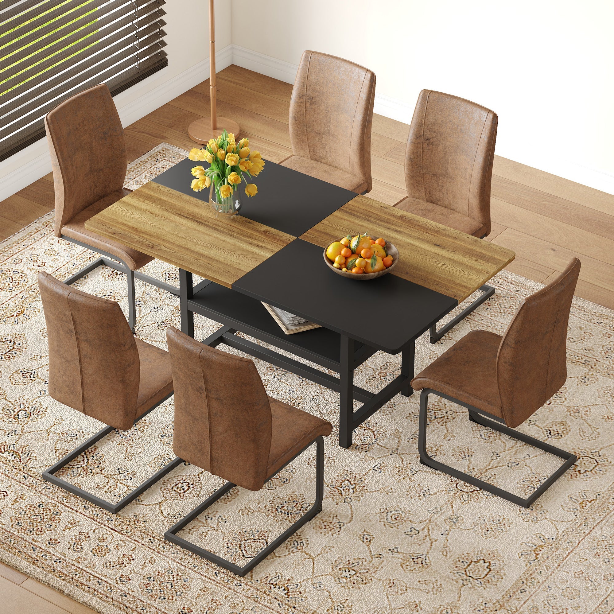 Table Set Rectangular Dining Table with Shelf & 6 Armchairs 160x90x76cm - Brown Tech Fabric