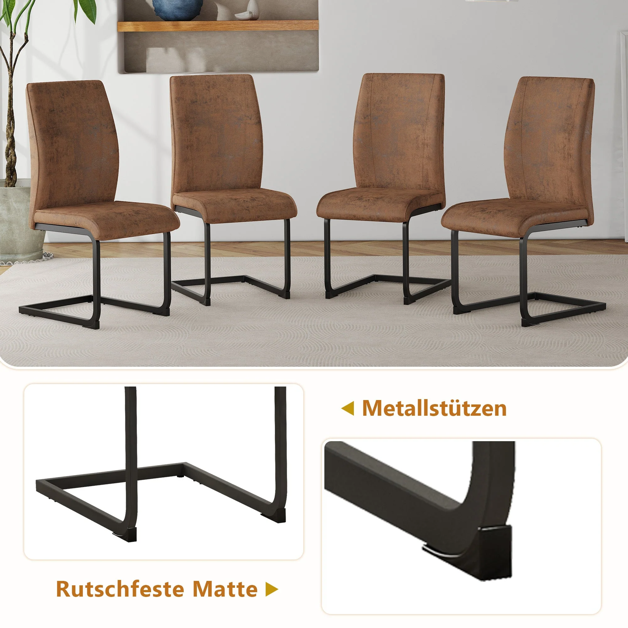 Table Set Rectangular Dining Table with Shelf & 6 Armchairs 160x90x76cm - Brown Tech Fabric - Image 6