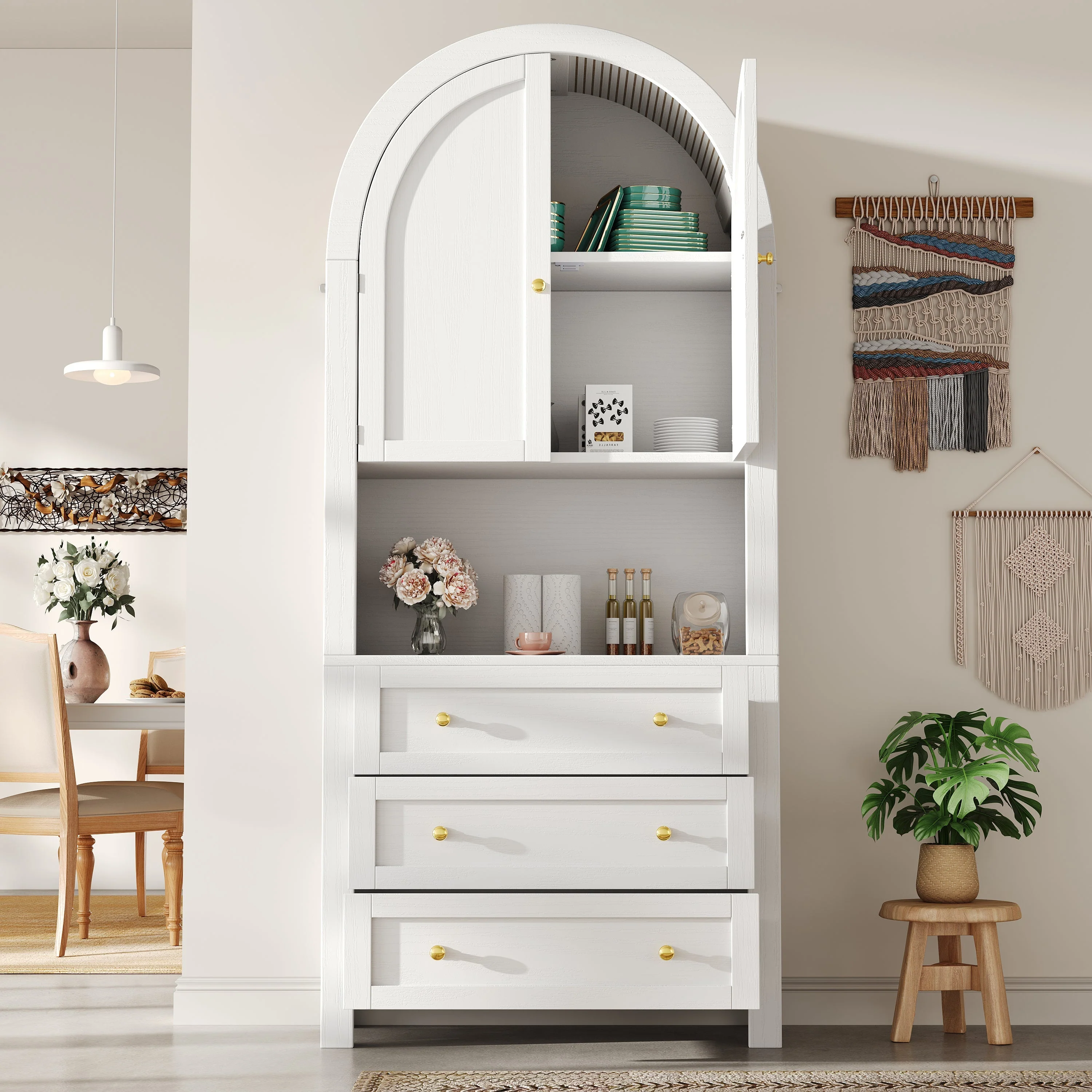 Tall Arched Storage Cabinet Drawers Doors Shelves - White - Image 2