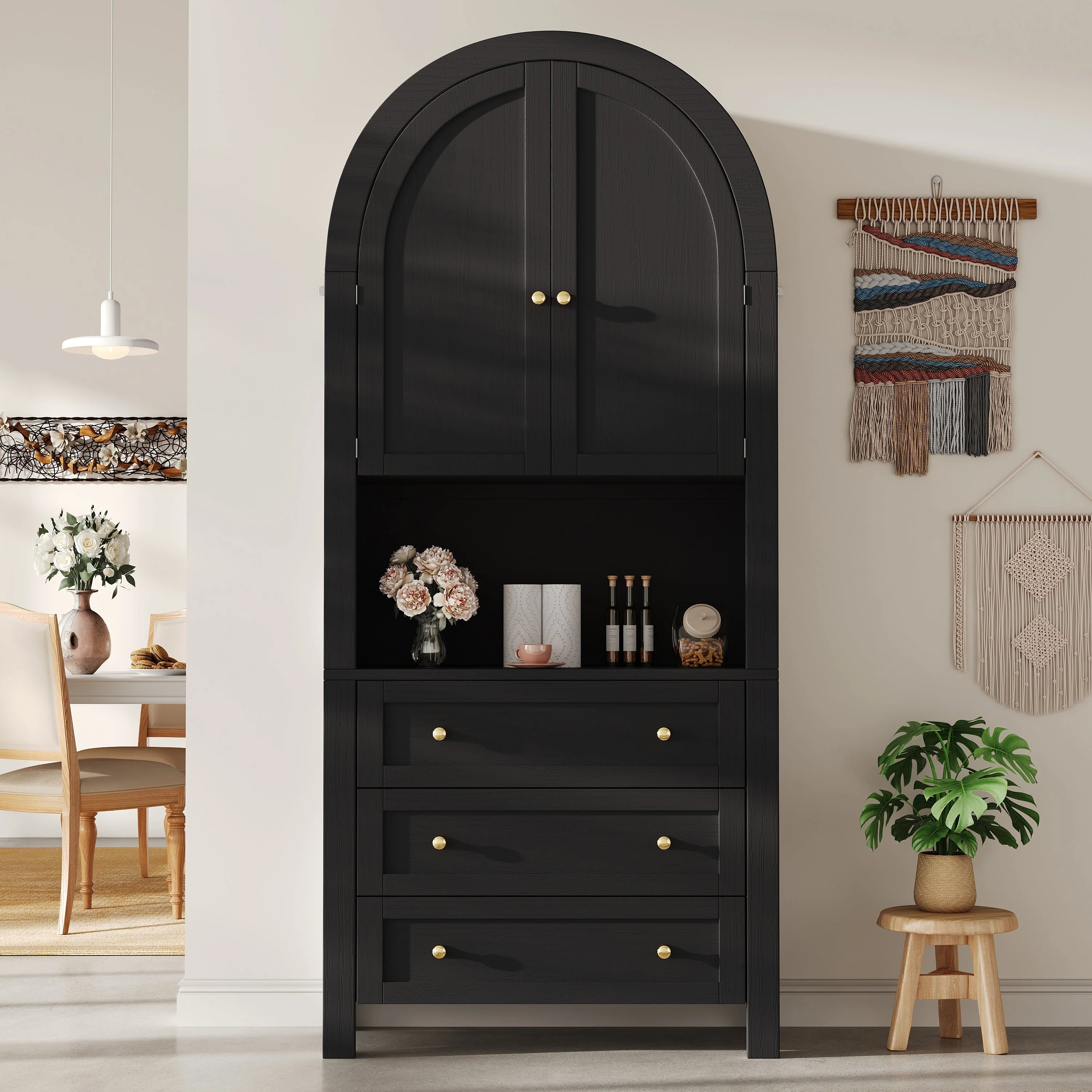 Tall Arched Storage Cabinet with Drawers, Doors & Open Display Area - Black - Image 3
