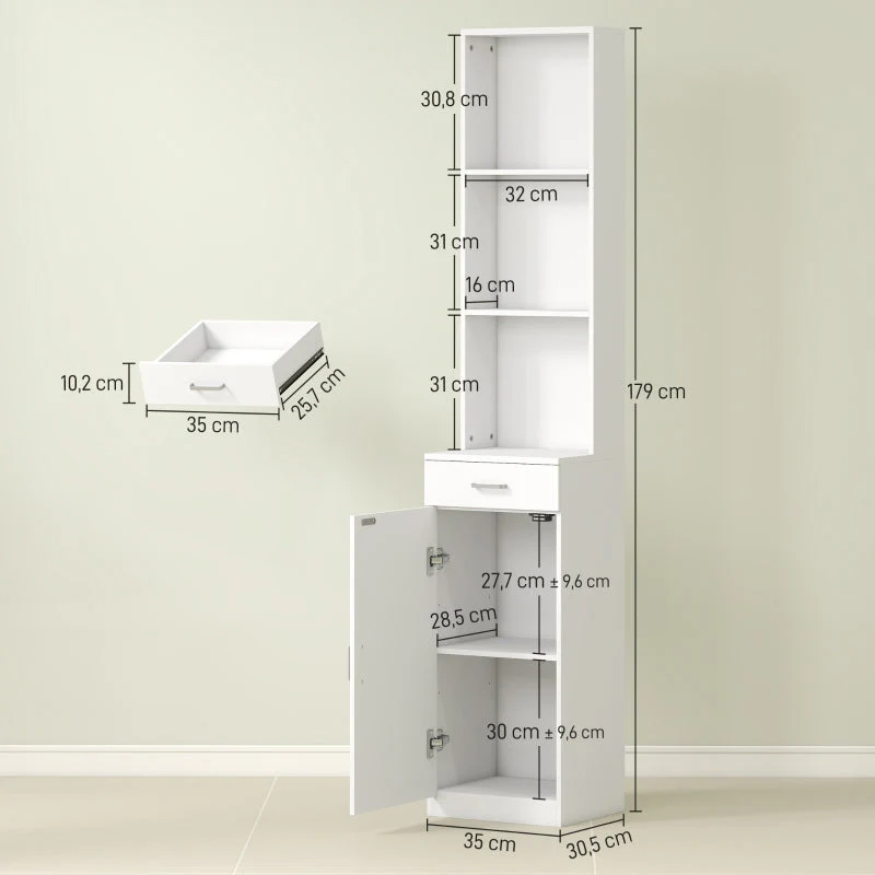 Tall Bathroom Cabinet, Drawer Door Adjustable Shelves, White - Image 3