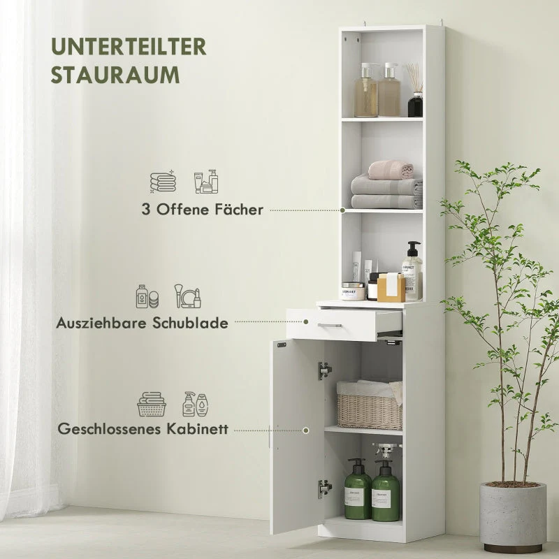 Tall Bathroom Cabinet, Drawer Door Adjustable Shelves, White - Image 4