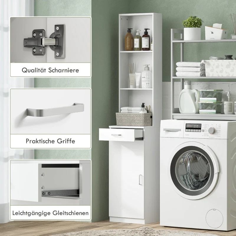 Tall Bathroom Cabinet, Drawer Door Adjustable Shelves, White - Image 7