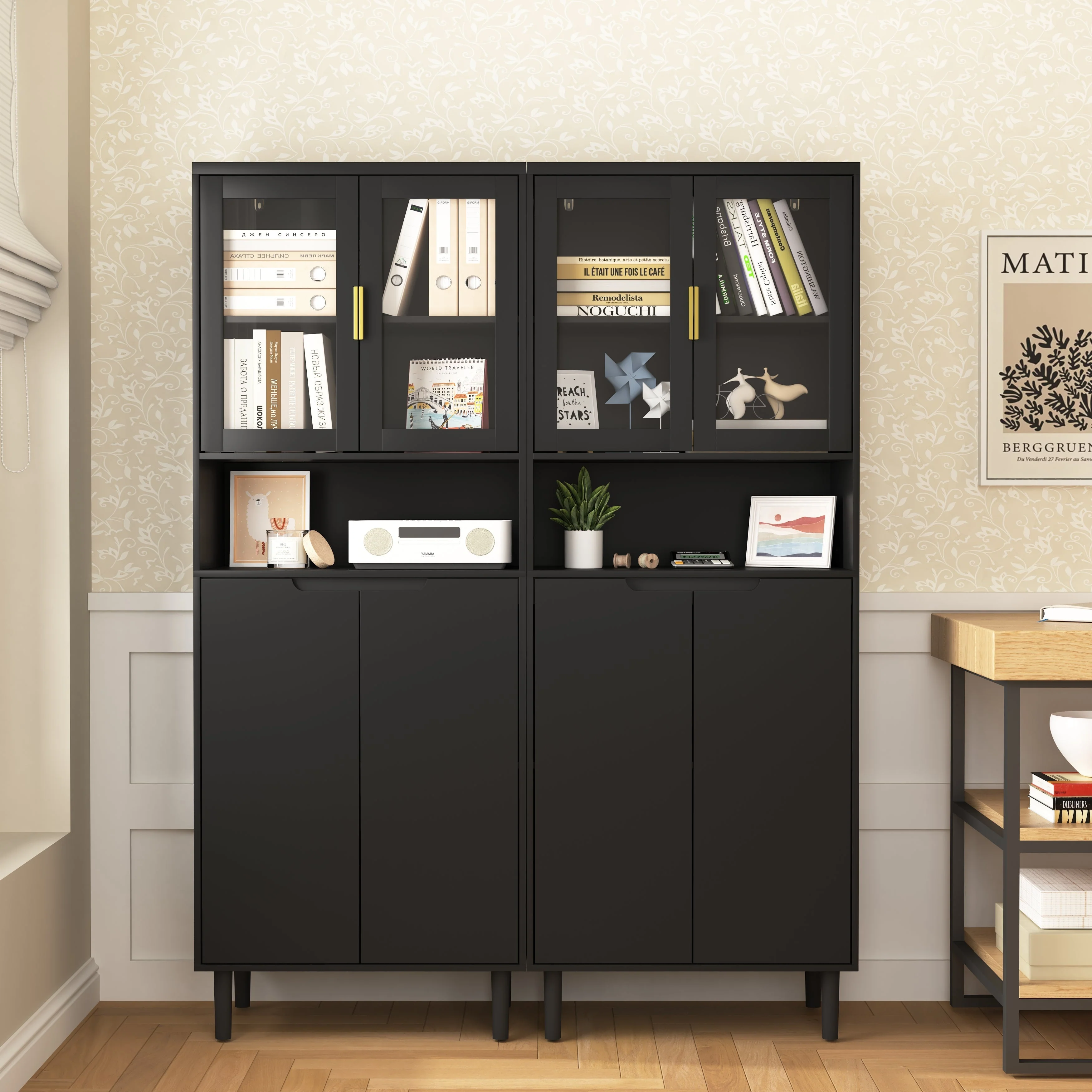 Tall Bookcase 4-Door Storage with Tempered Glass and Adjustable Shelf - Black MDF - Image 10