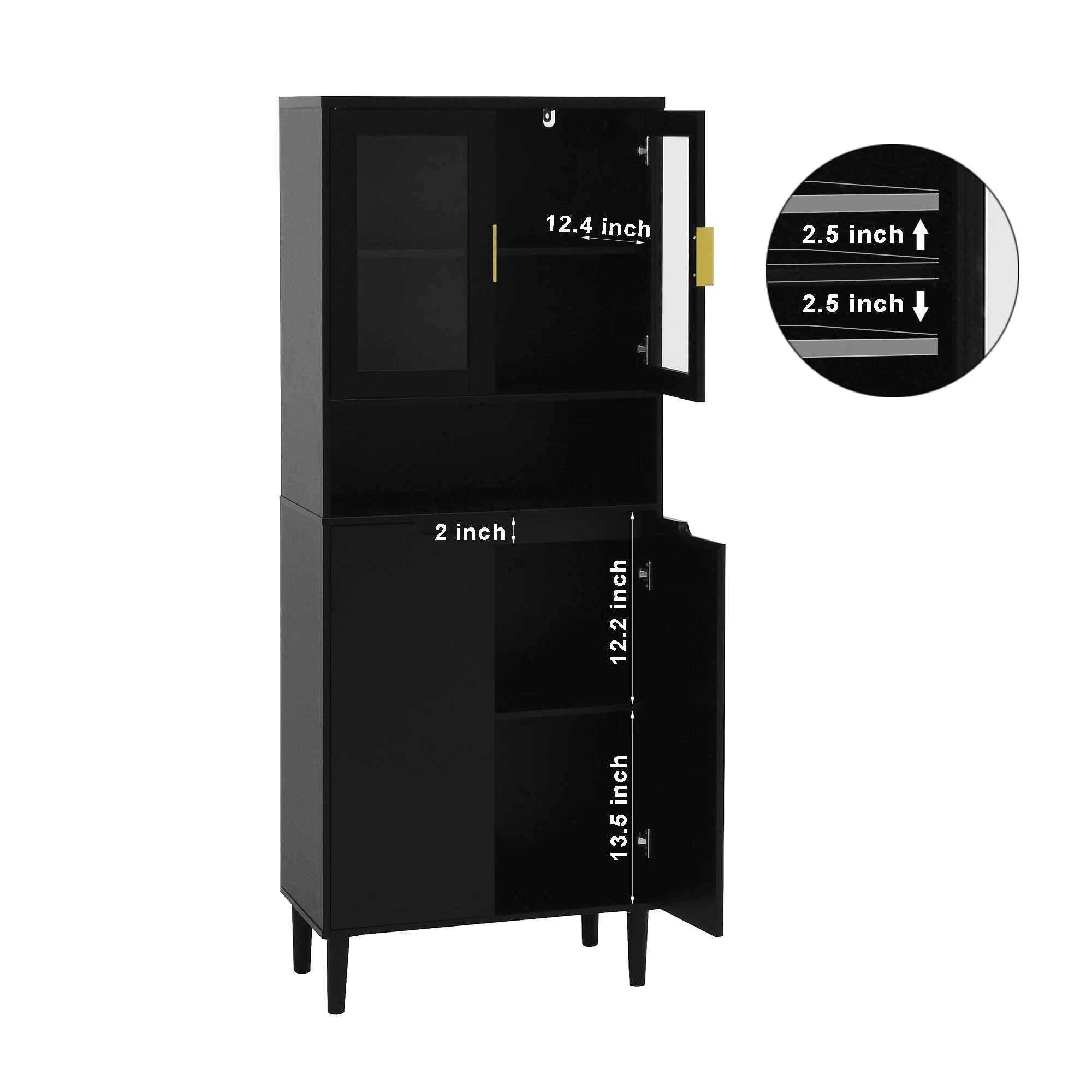 Tall Bookcase 4-Door Storage with Tempered Glass and Adjustable Shelf - Black MDF - Image 2