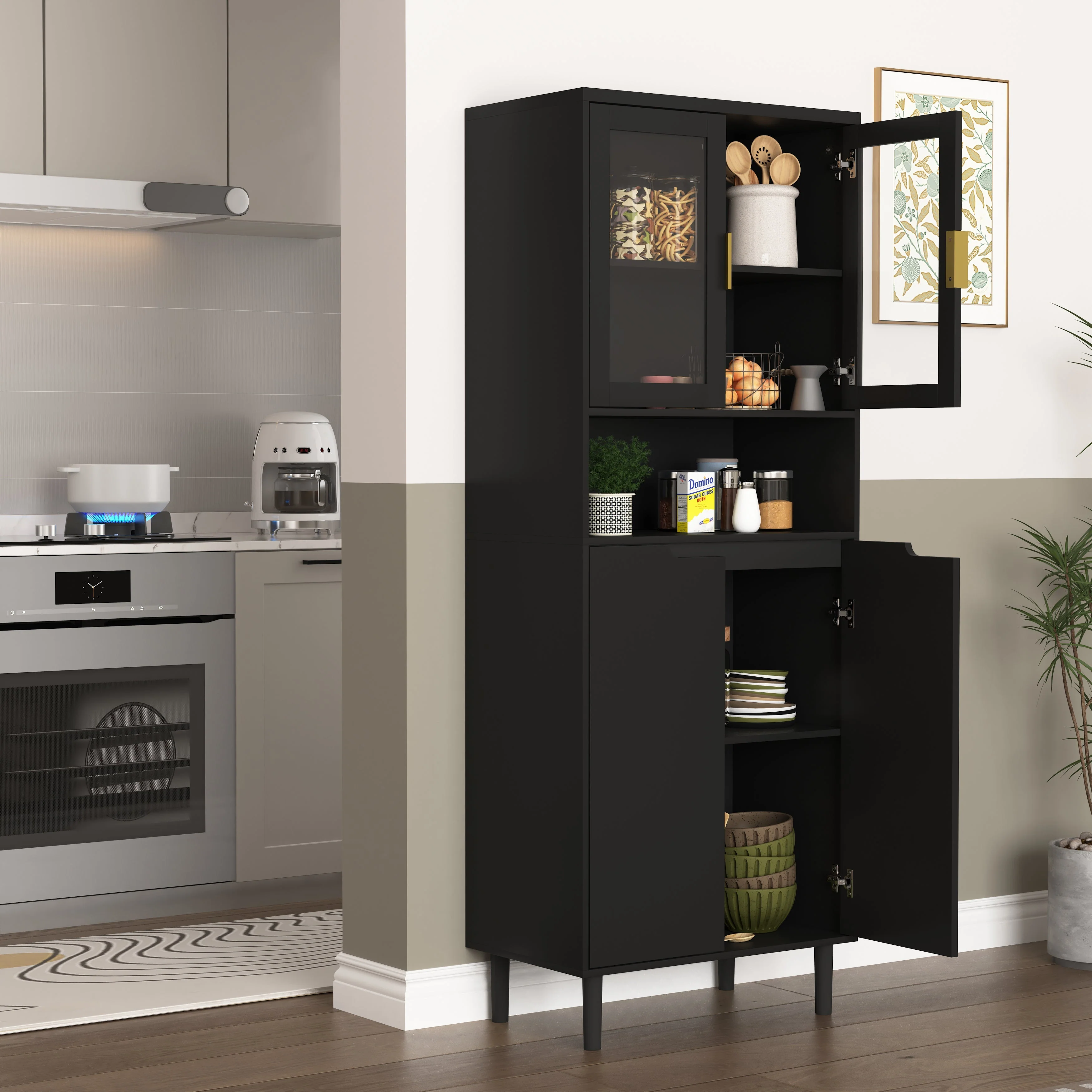 Tall Bookcase 4-Door Storage with Tempered Glass and Adjustable Shelf - Black MDF - Image 4