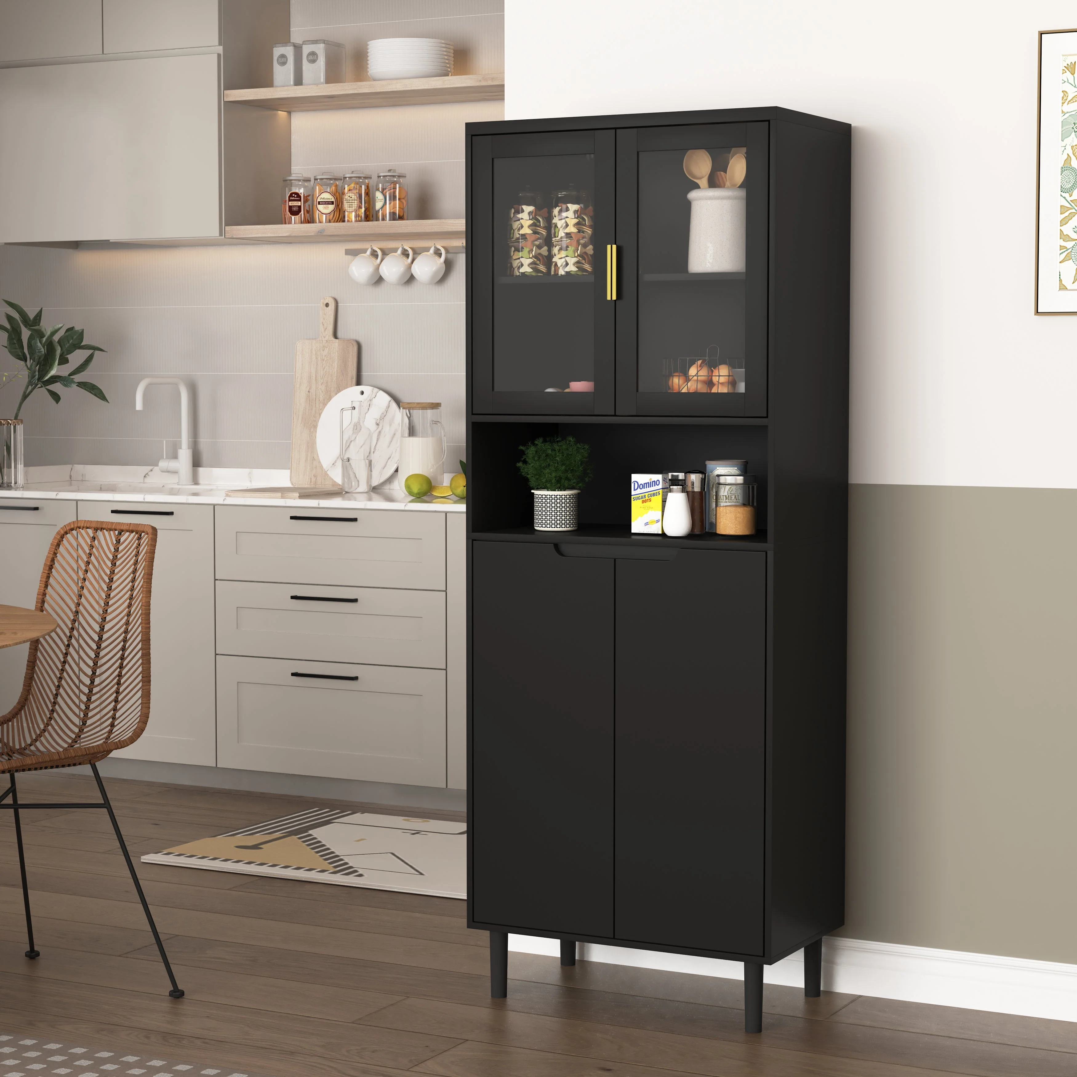 Tall Bookcase 4-Door Storage with Tempered Glass and Adjustable Shelf - Black MDF - Image 5