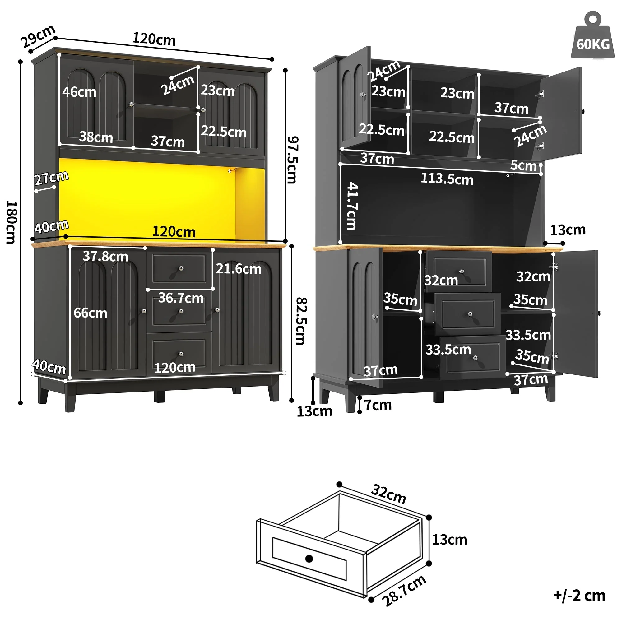 Tall Cabinet 120x40x180cm LED App Control 4 Doors 3 Drawers - Black - Image 3