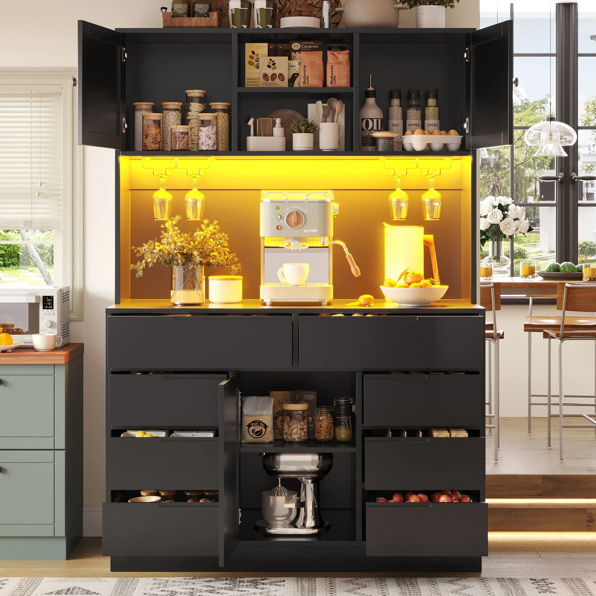 Tall Cabinet 120x40x183.5cm Smart LED Lighting 8 Drawers Adjustable Shelves Black - Image 4