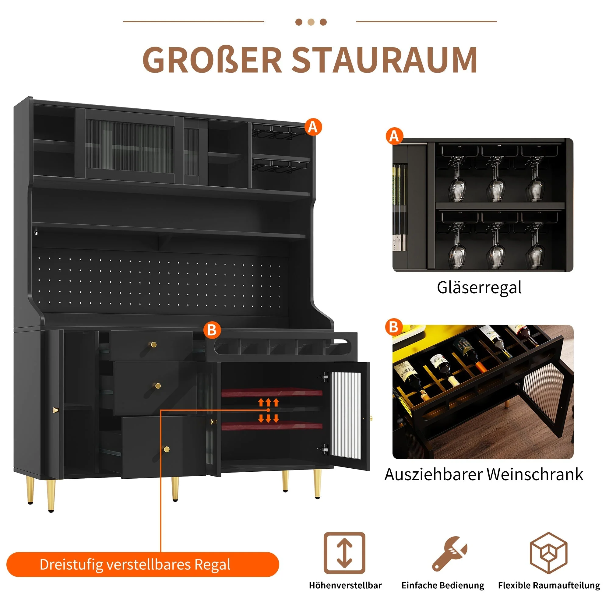 Tall Cabinet Adjustable Shelves LED Lighting Wine Rack Black - Image 10