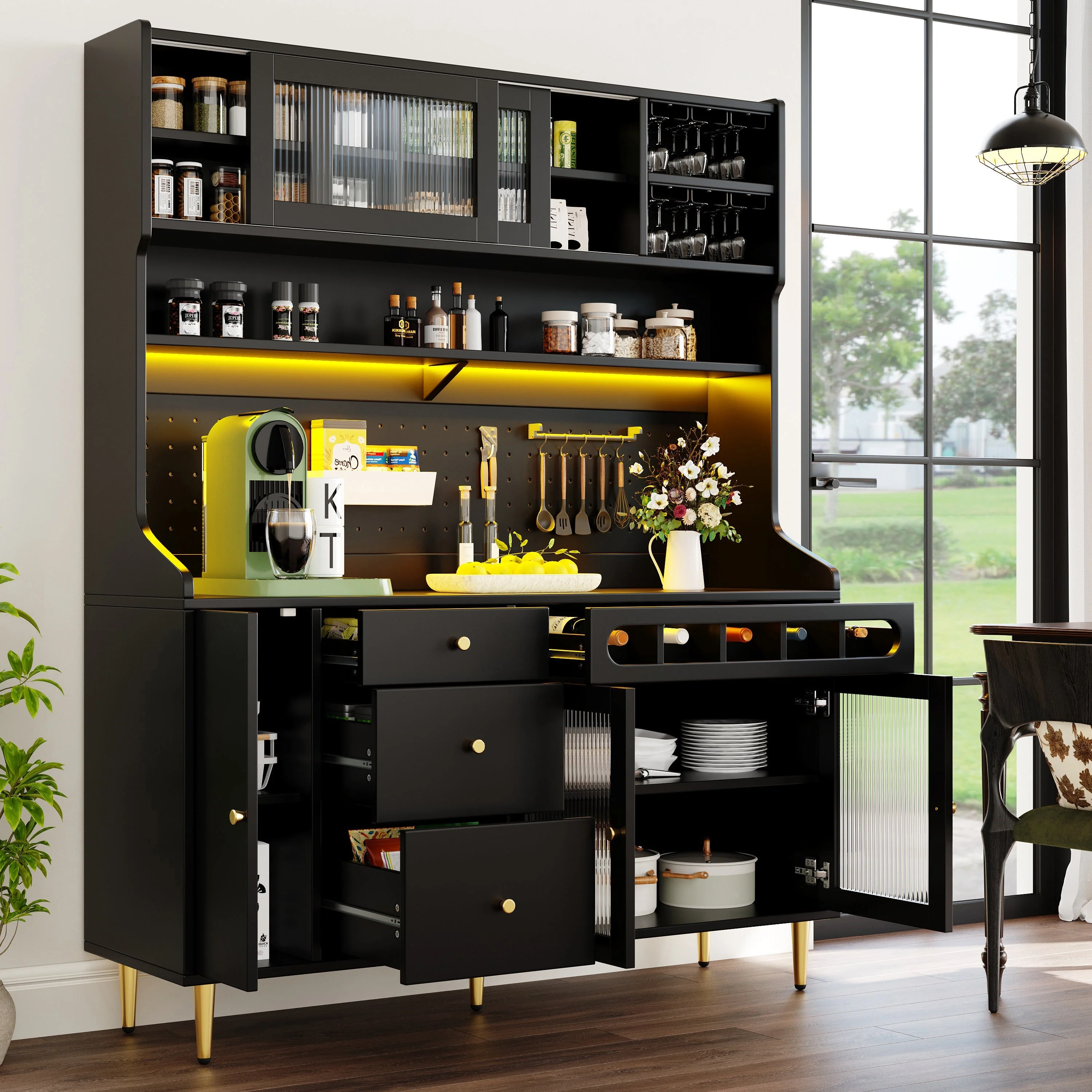 Tall Cabinet Adjustable Shelves LED Lighting Wine Rack Black - Image 2