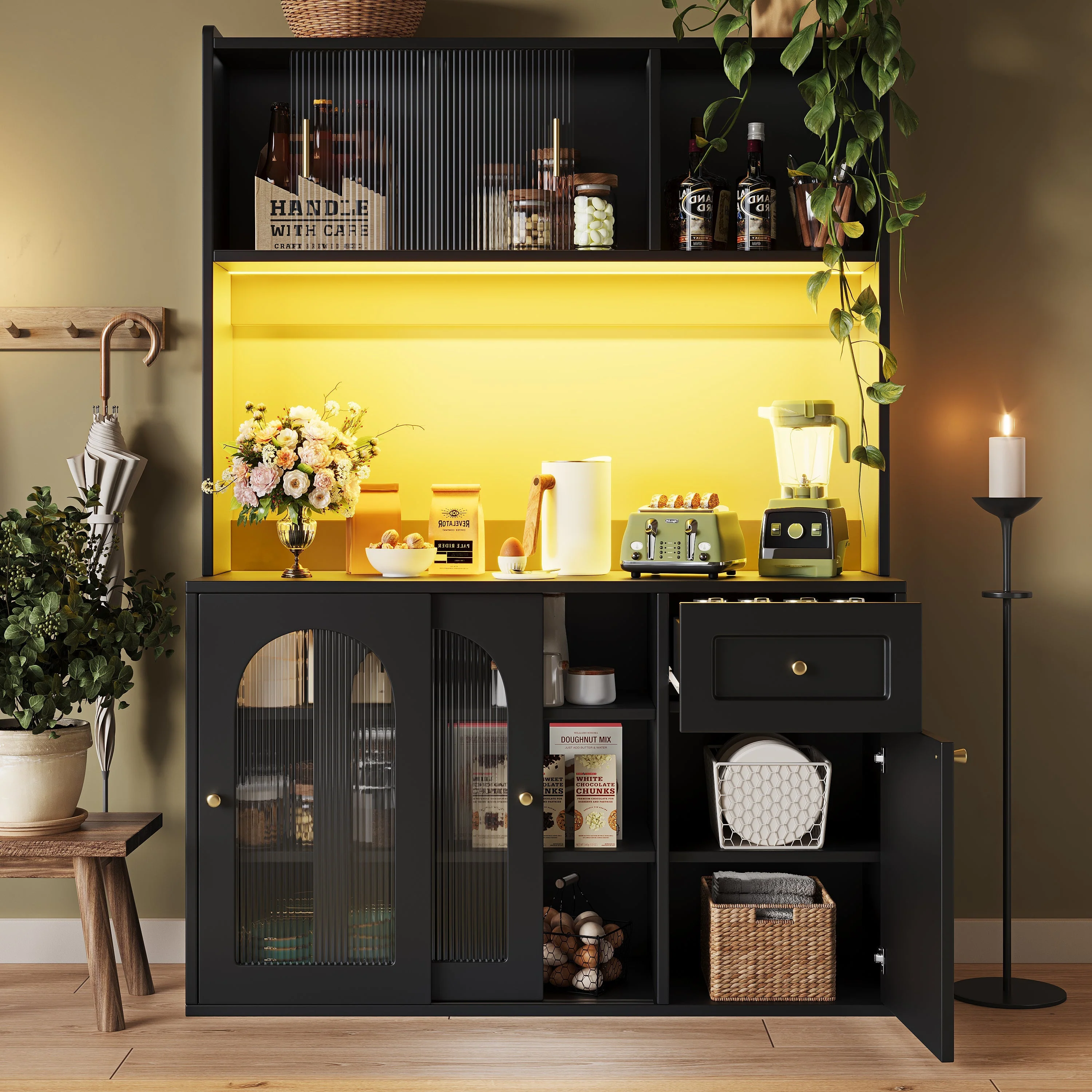 Tall Cabinet Buffet Display with Adjustable Shelves LED Lighting Black - Image 3
