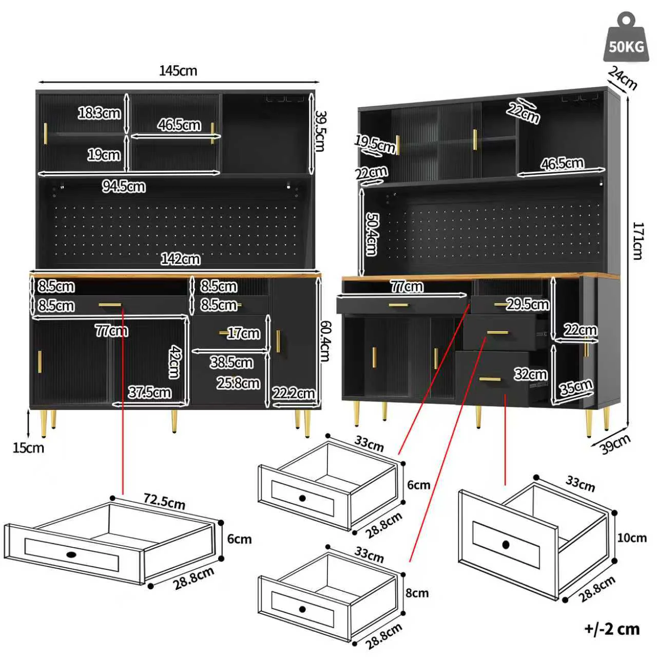 Tall Cabinet LED Lighting Pegboard Shelves Black - Image 5