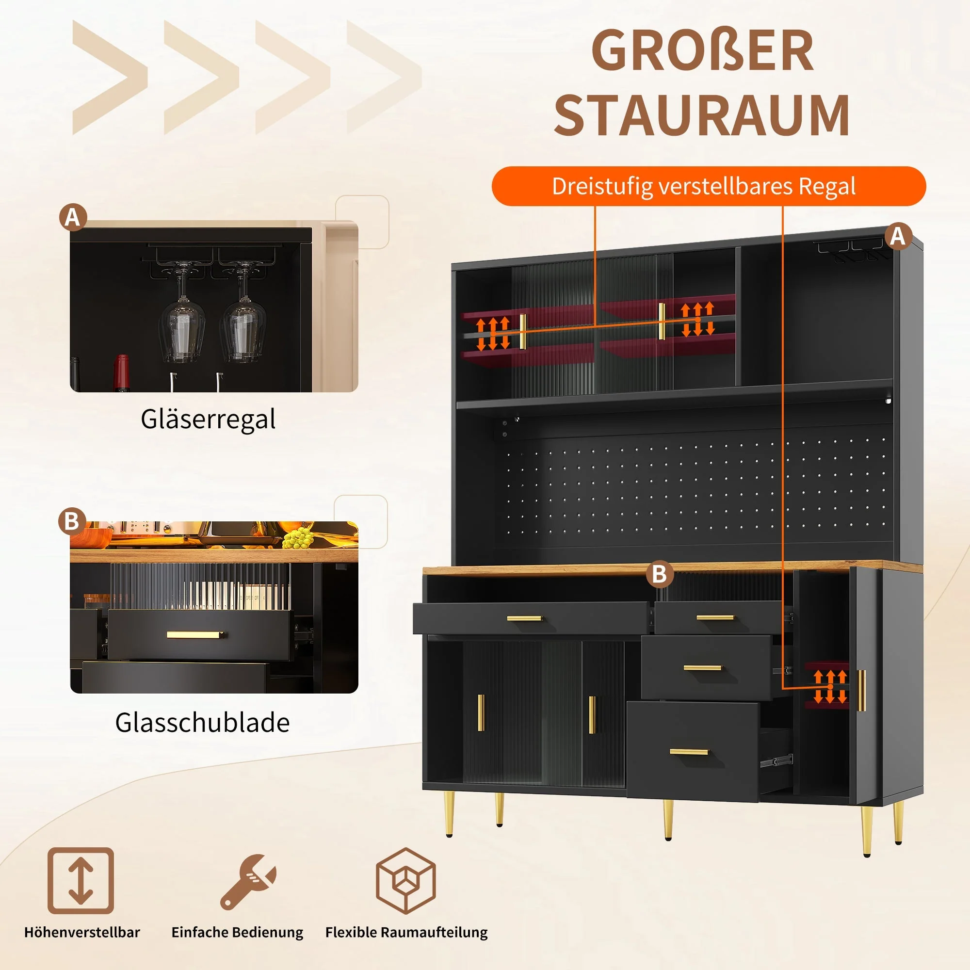 Tall Cabinet LED Lighting Pegboard Shelves Black - Image 7