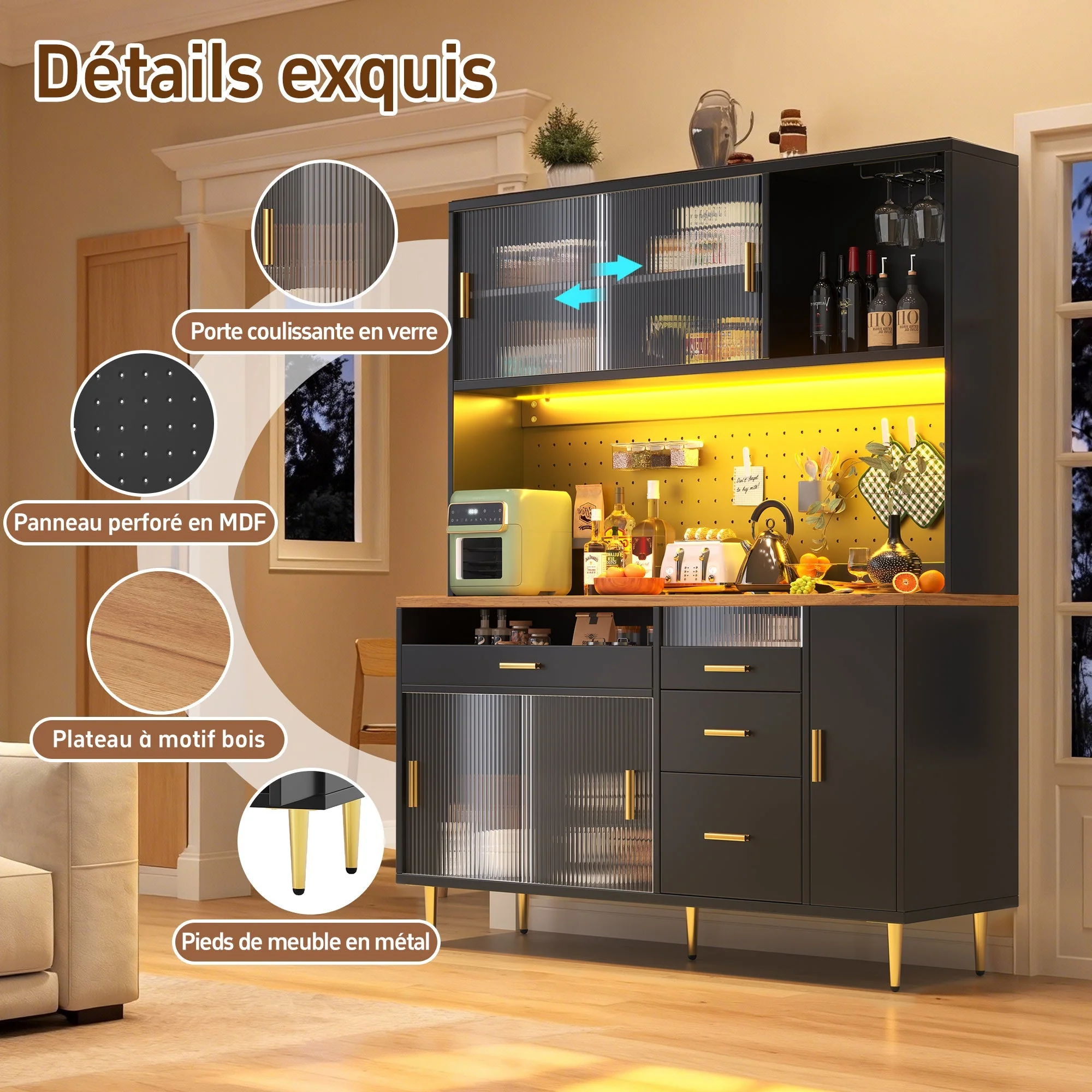Tall Cabinet LED Lighting Pegboard Shelves Black - Image 8