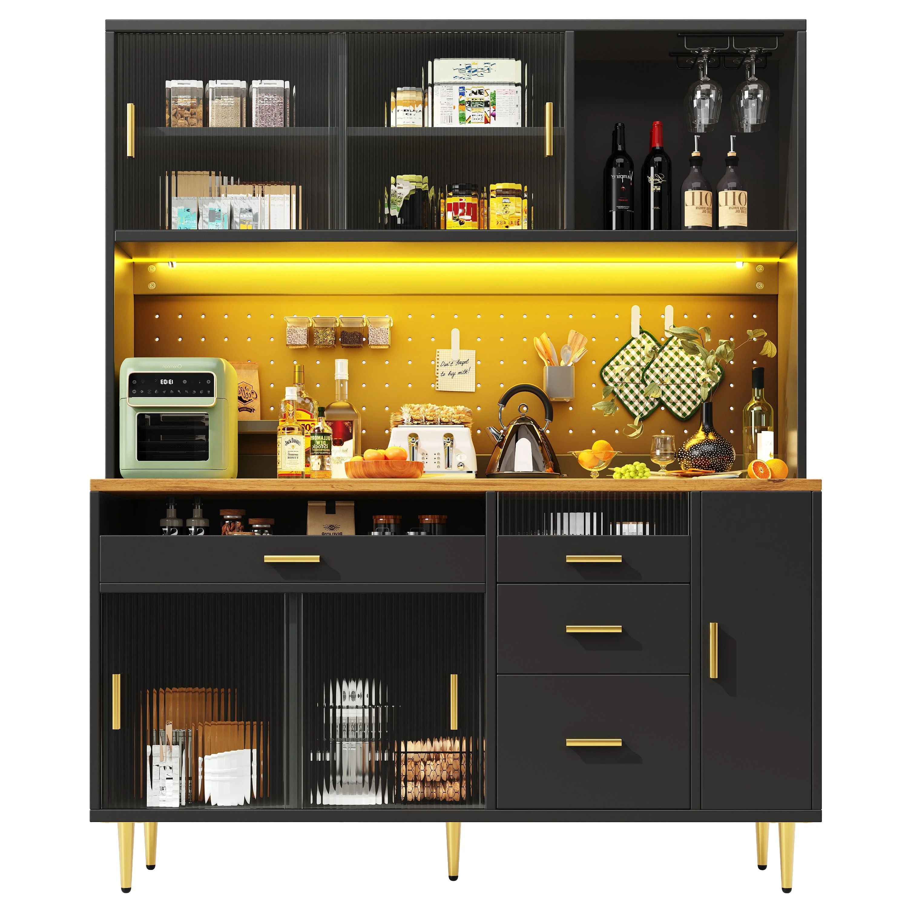 Tall Cabinet LED Lighting Pegboard Shelves Black - Image 9