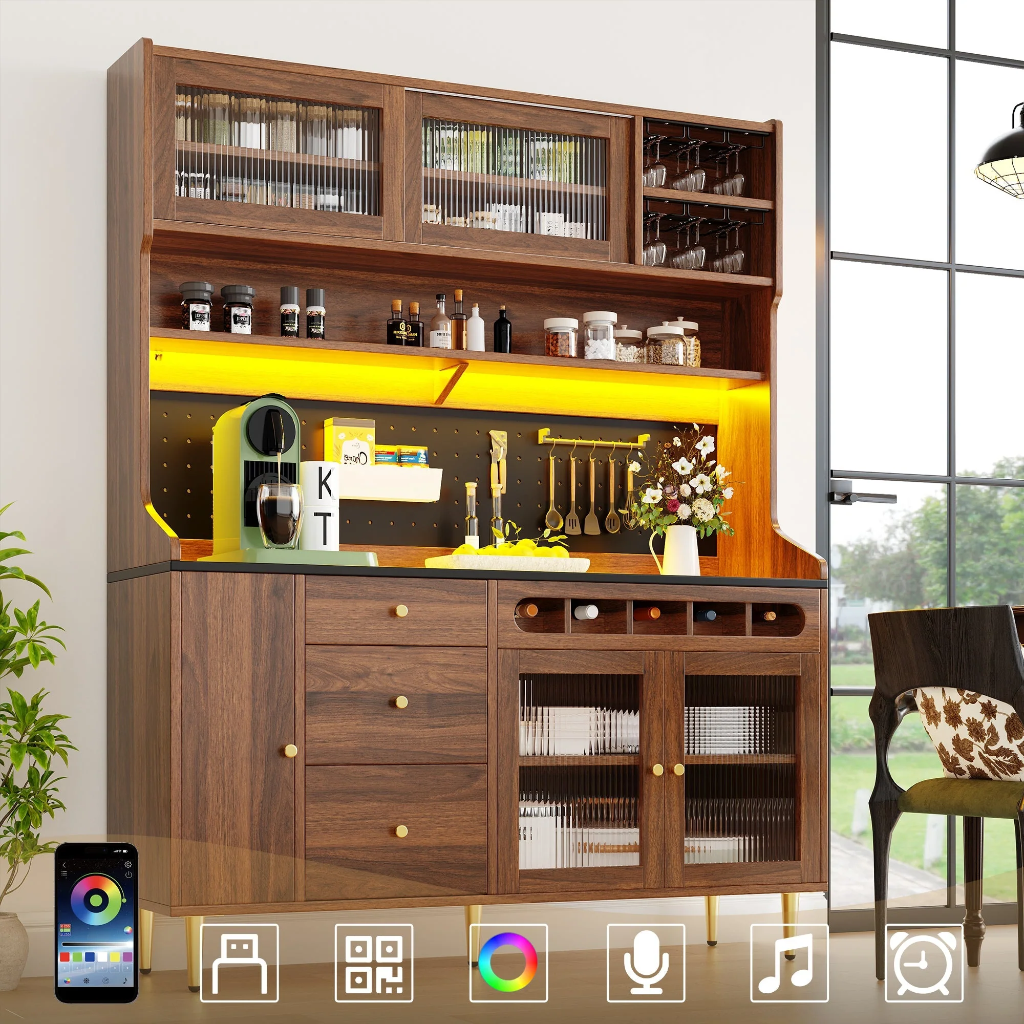 Tall Cabinet LED Lighting Wine Rack Adjustable Shelves 145x39x171cm Walnut Color