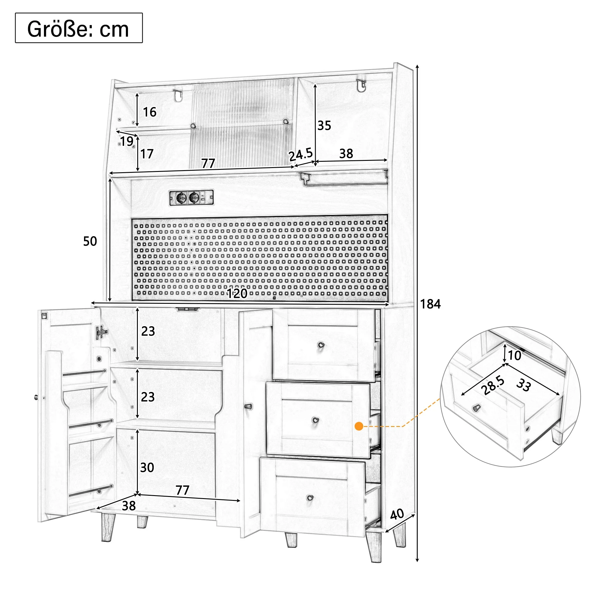 Tall Cabinet Pegboard Wine Glass Holders Sockets Storage Drawers - White - Image 5
