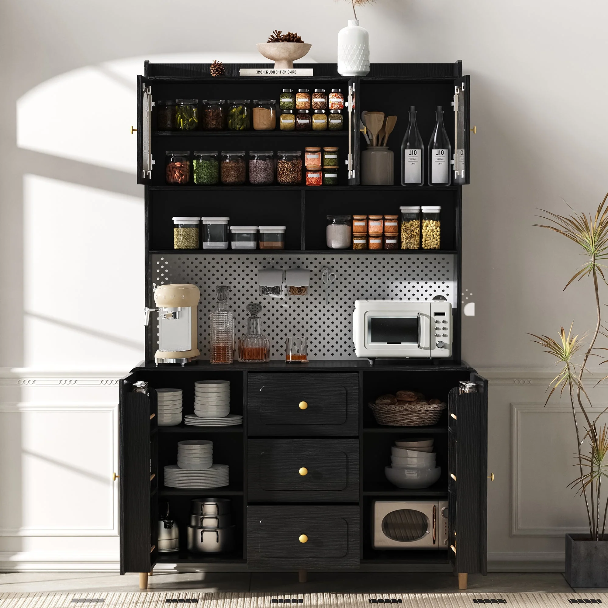 Tall Cabinet Sideboard with Pegboard Drawers Storage Solid Wood Legs Black - Image 7