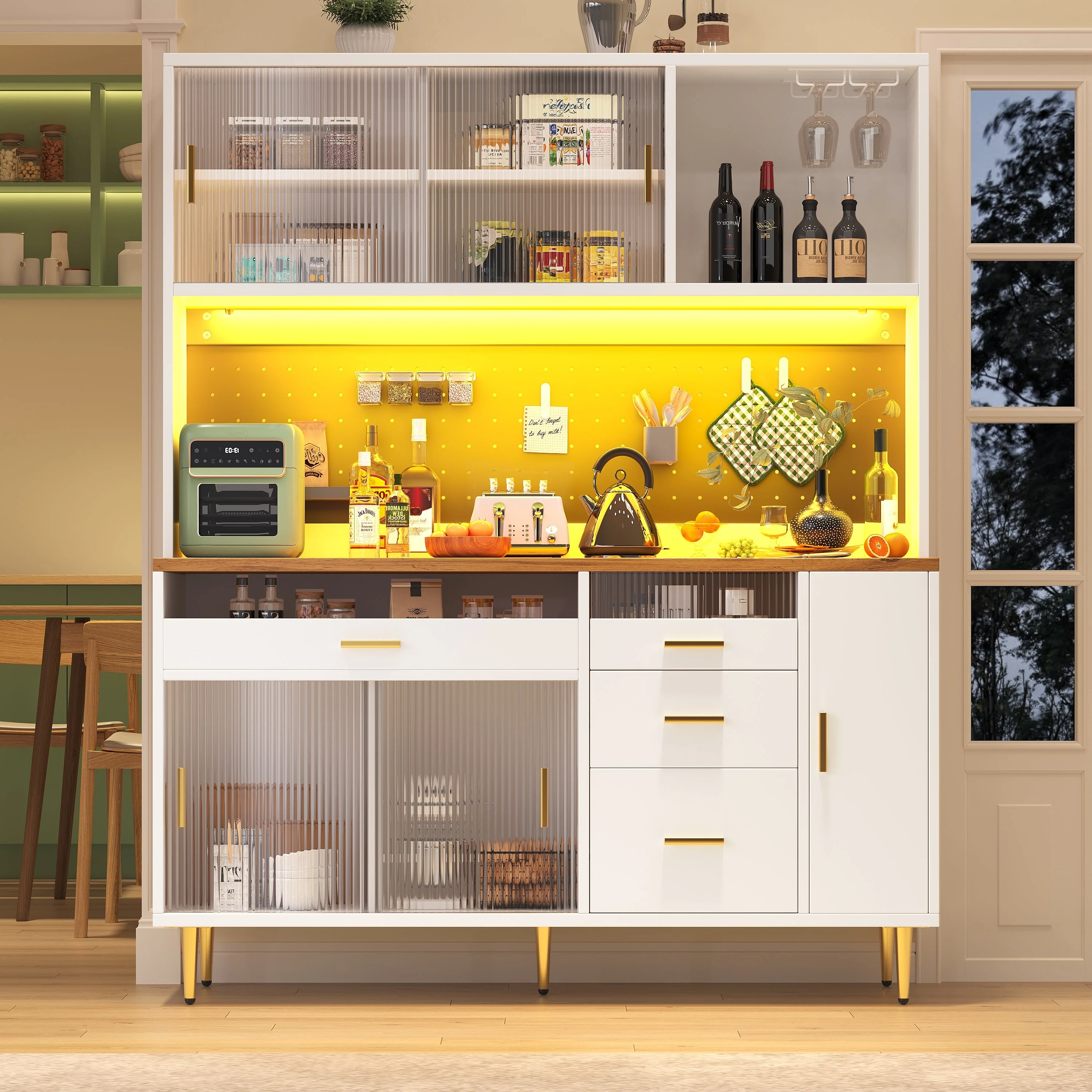 Tall Cabinet with LED Lighting and Pegboard Shelves, White - Image 2