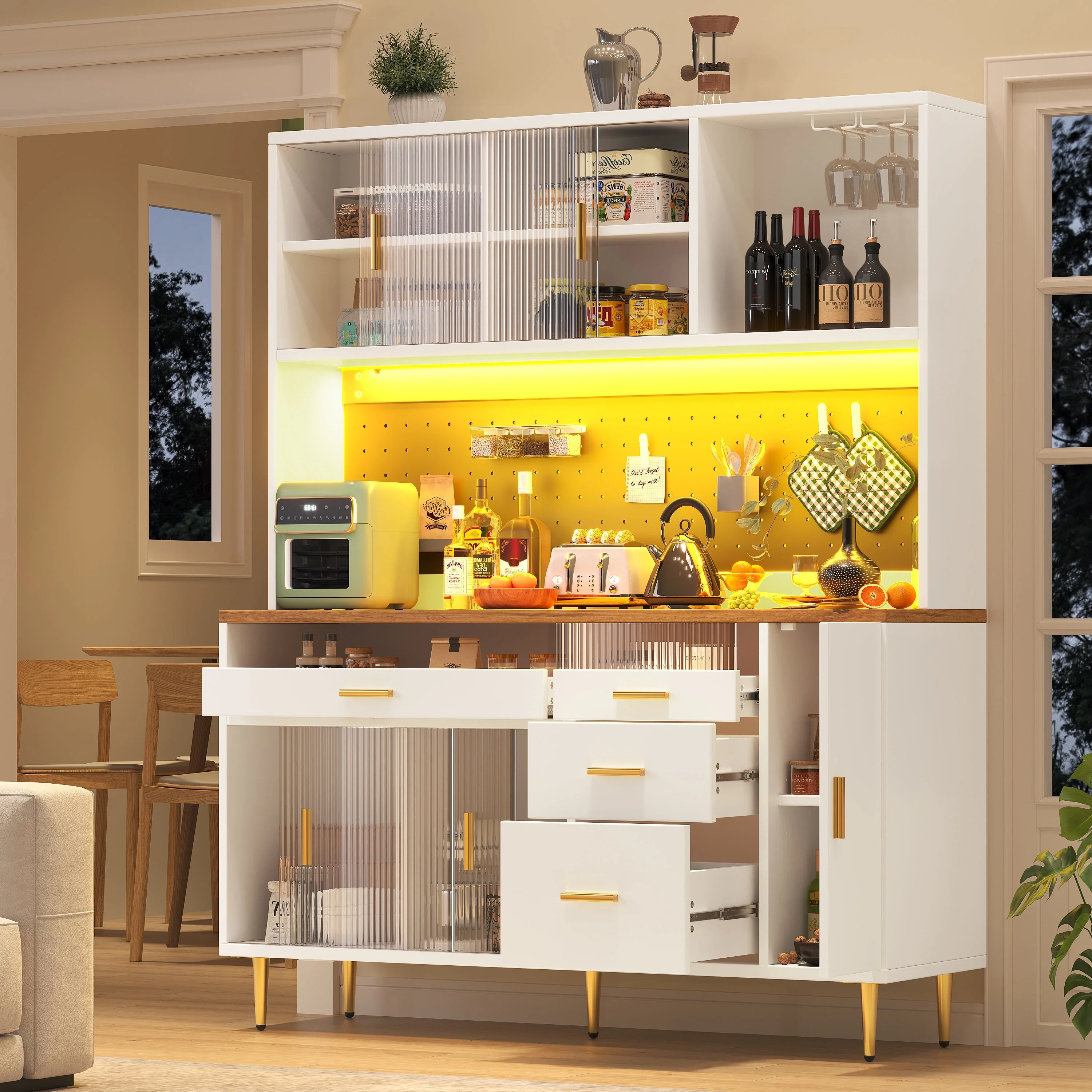 Tall Cabinet with LED Lighting and Pegboard Shelves, White - Image 4