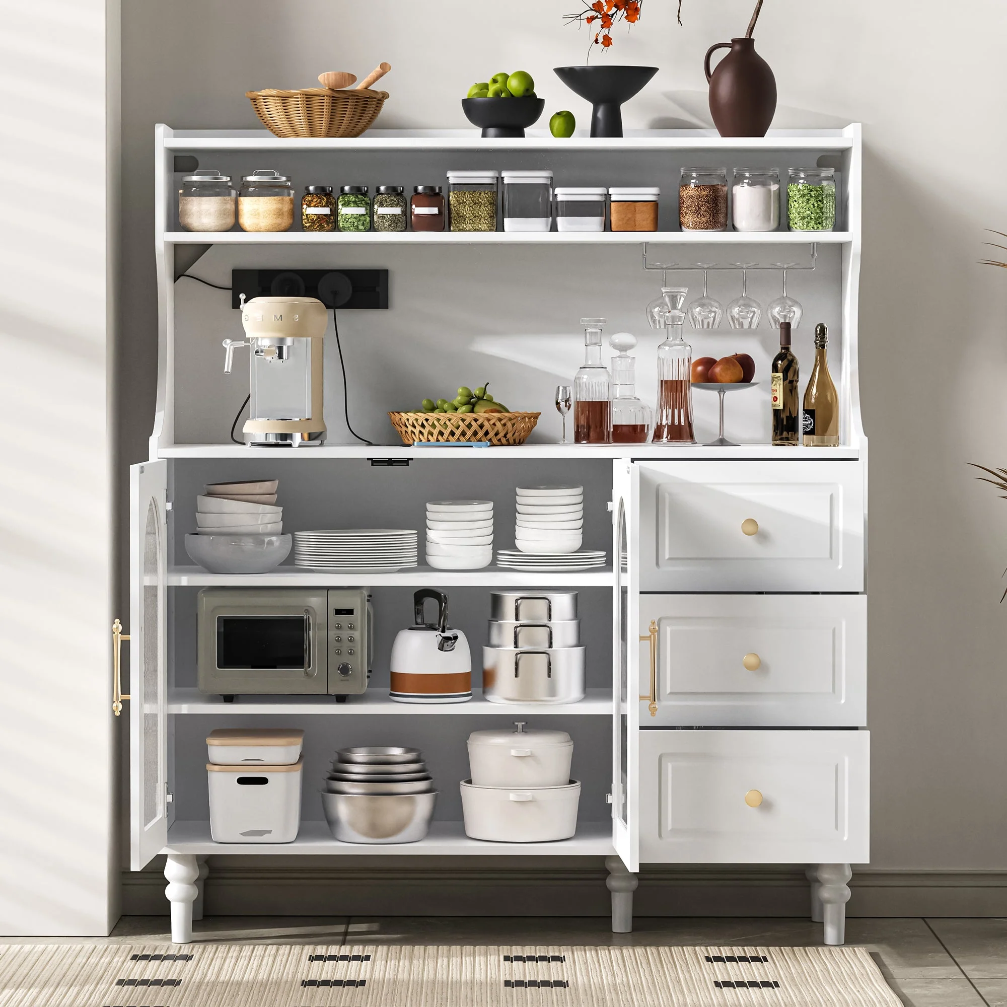 Tall Cabinet with Sockets, Drawers, Wine Glass Holders & Adjustable Shelves - White - Image 3