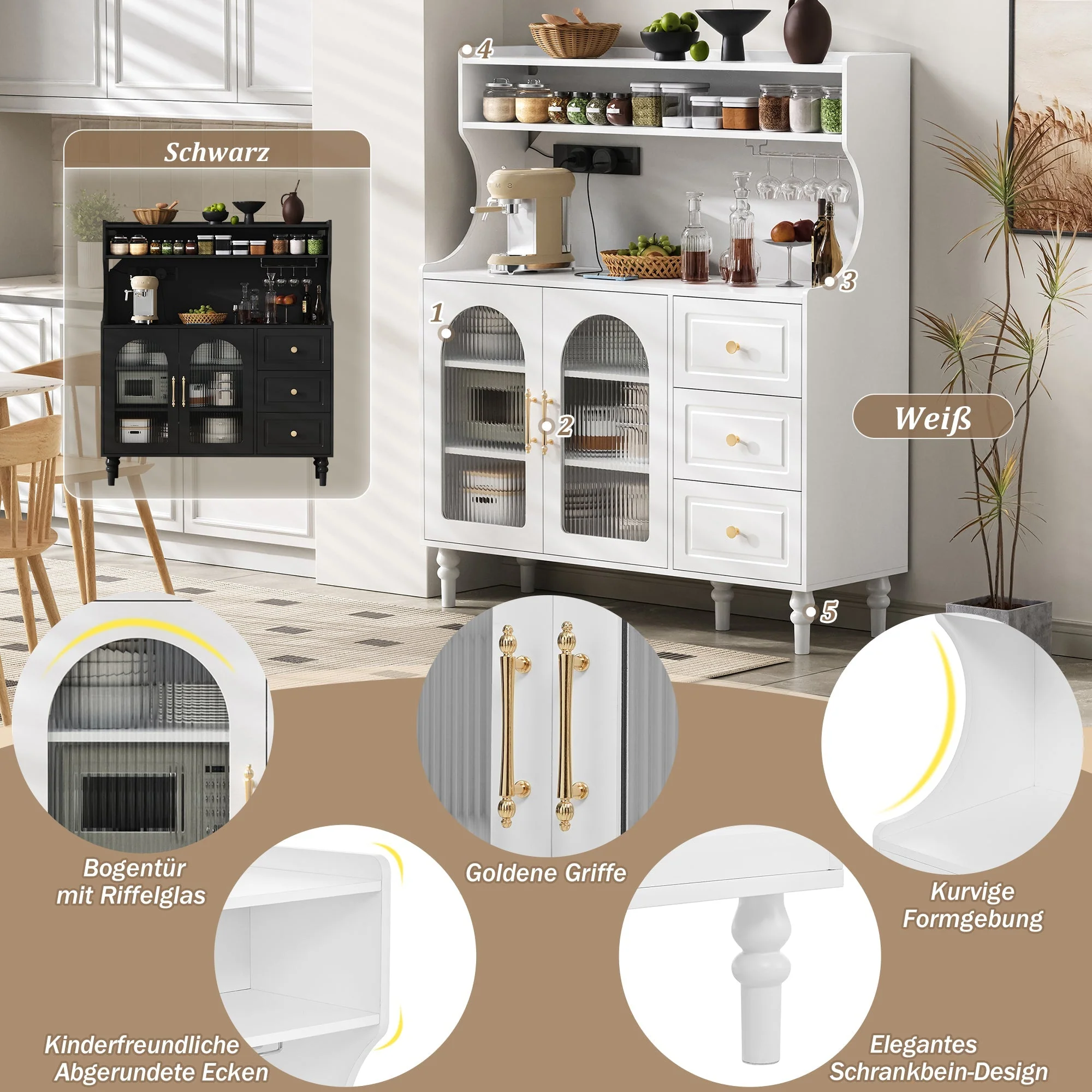 Tall Cabinet with Sockets, Drawers, Wine Glass Holders & Adjustable Shelves - White - Image 6