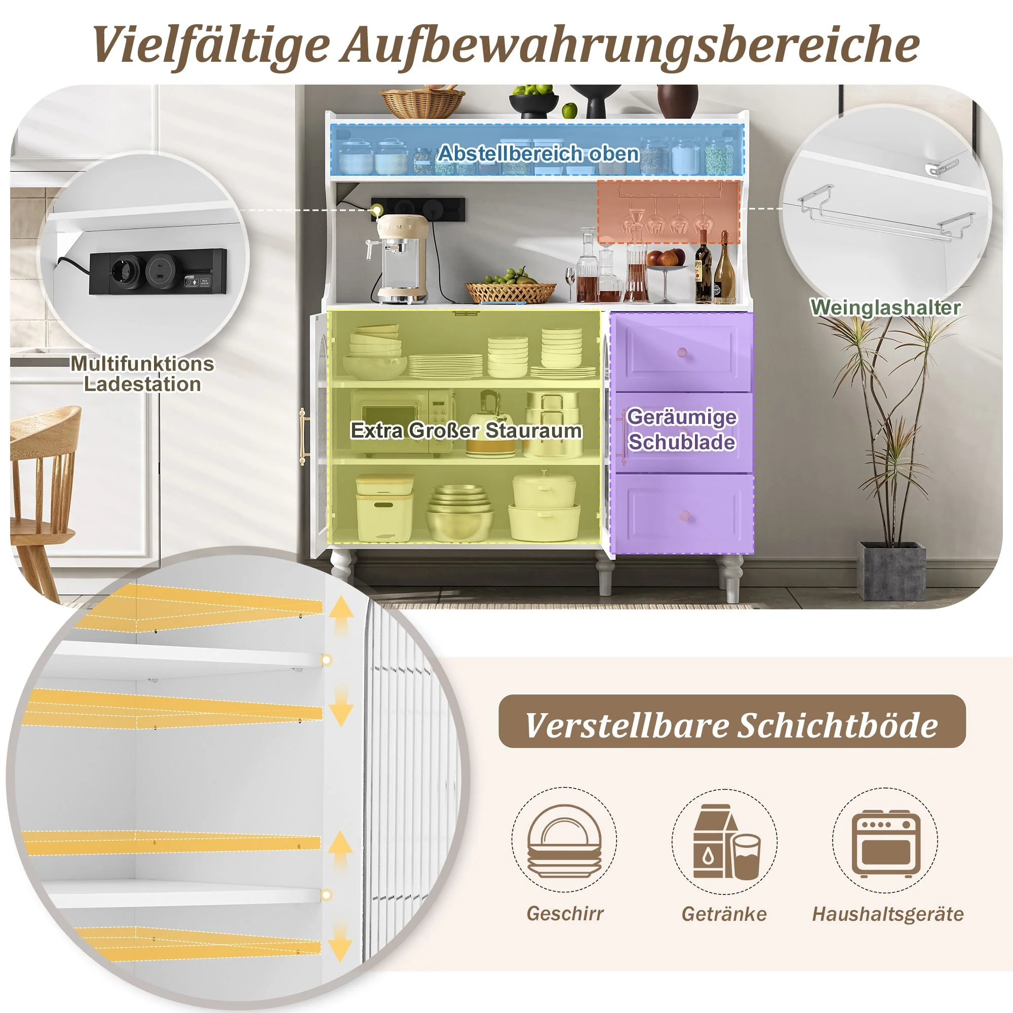 Tall Cabinet with Sockets, Drawers, Wine Glass Holders & Adjustable Shelves - White - Image 7