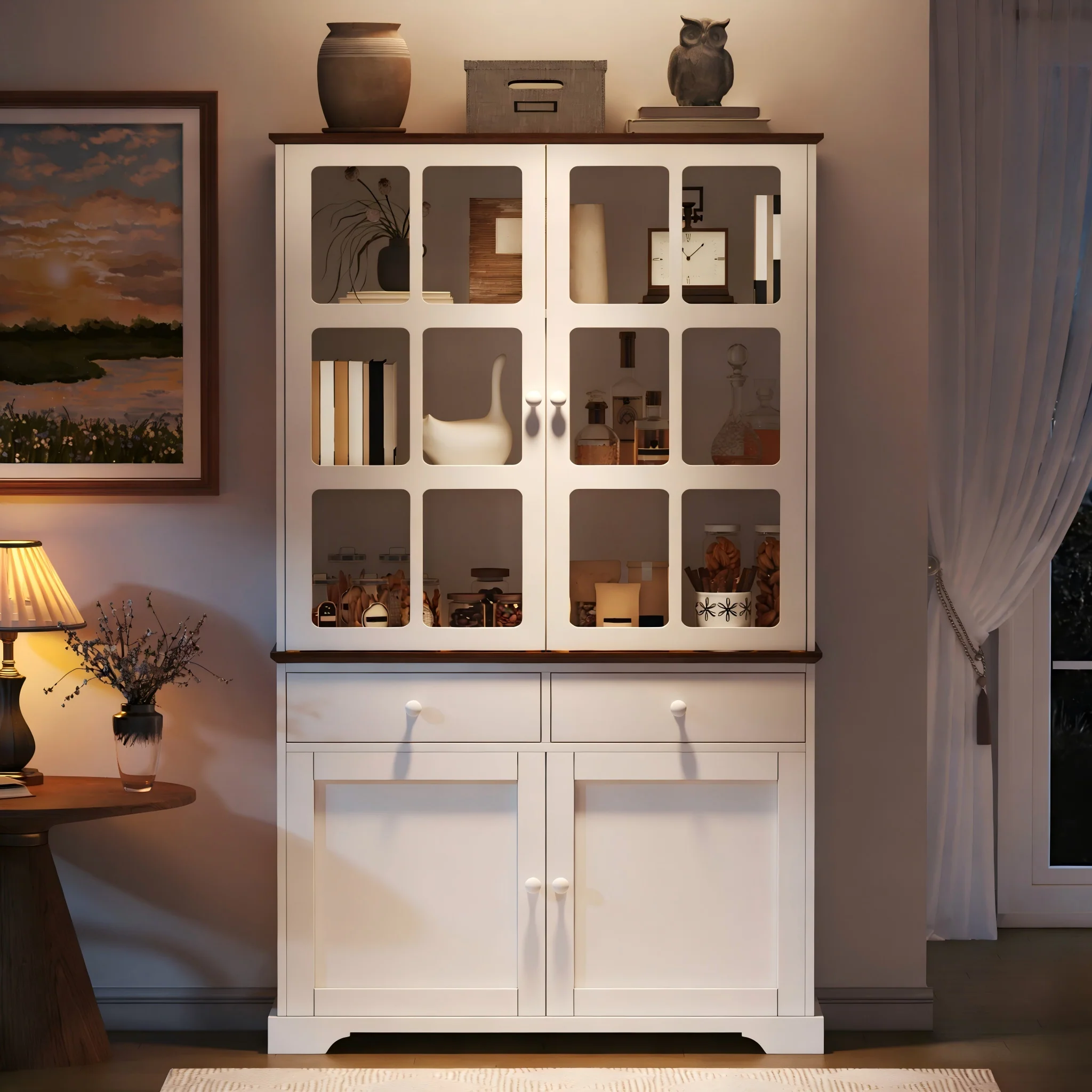 Tall Display Cabinet Glass Doors 2 Drawers LED Lighting White - Image 4