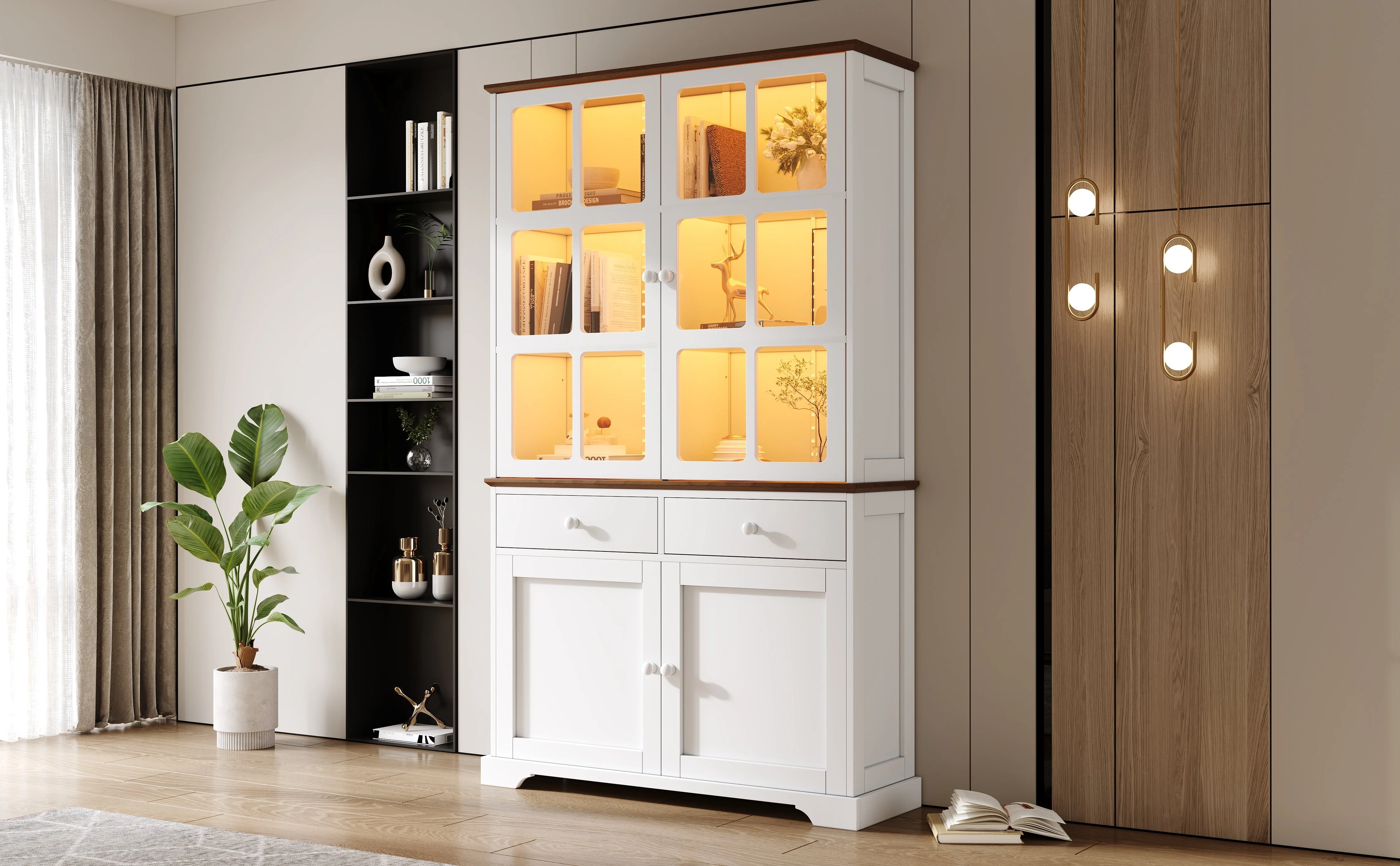 Tall Display Cabinet Glass Doors 2 Drawers LED Lighting White - Image 9