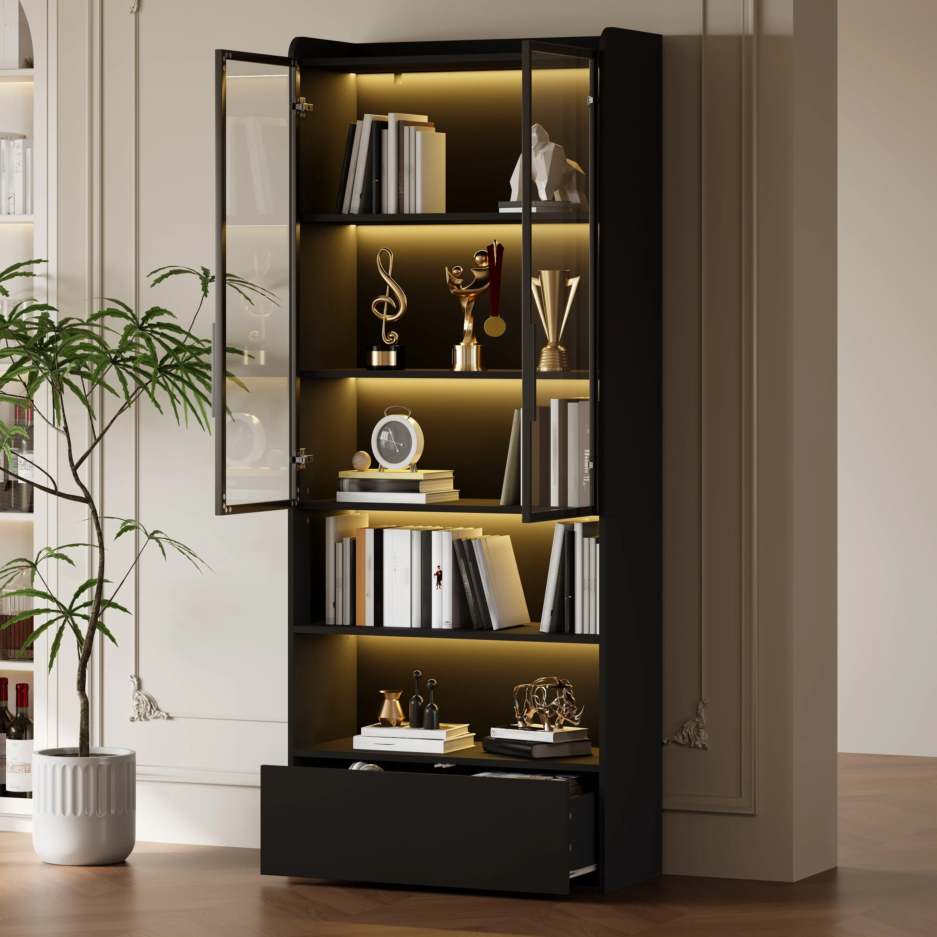 Tall Display Cabinet with 1 Drawer, LED Lighting and Glass Doors, Black - Image 3