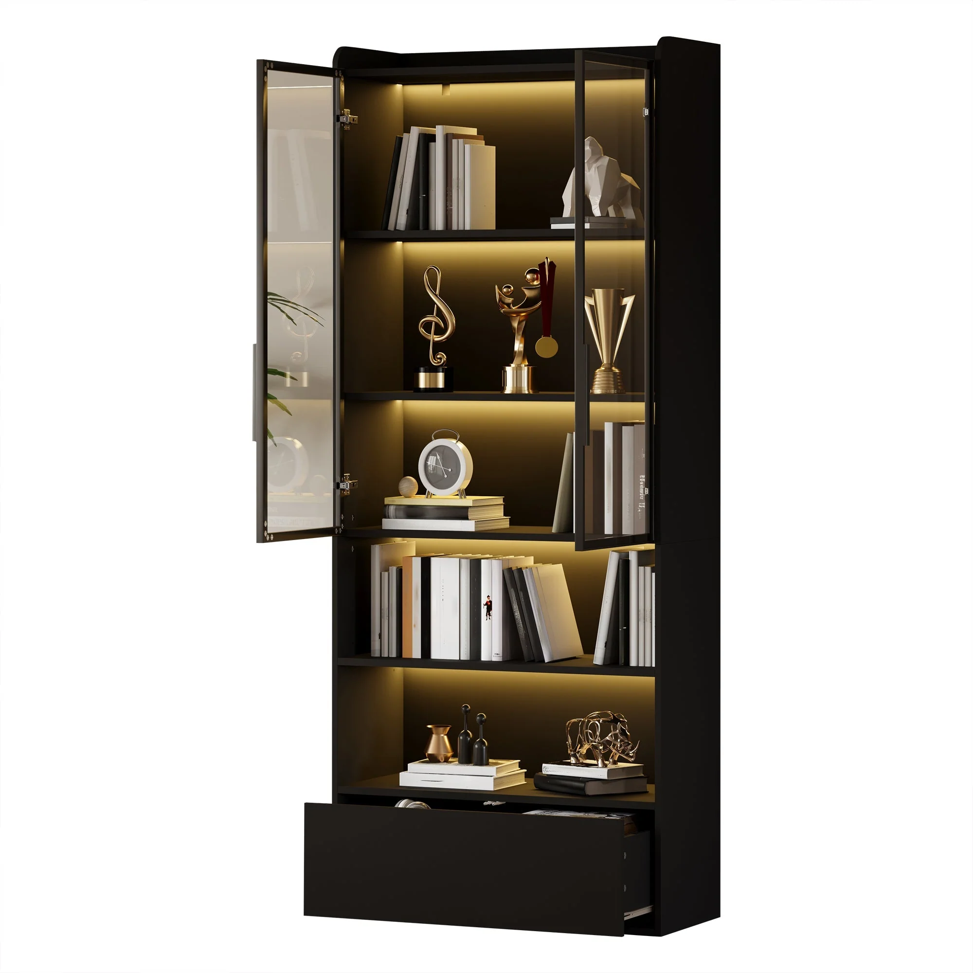 Tall Display Cabinet with 1 Drawer, LED Lighting and Glass Doors, Black - Image 7