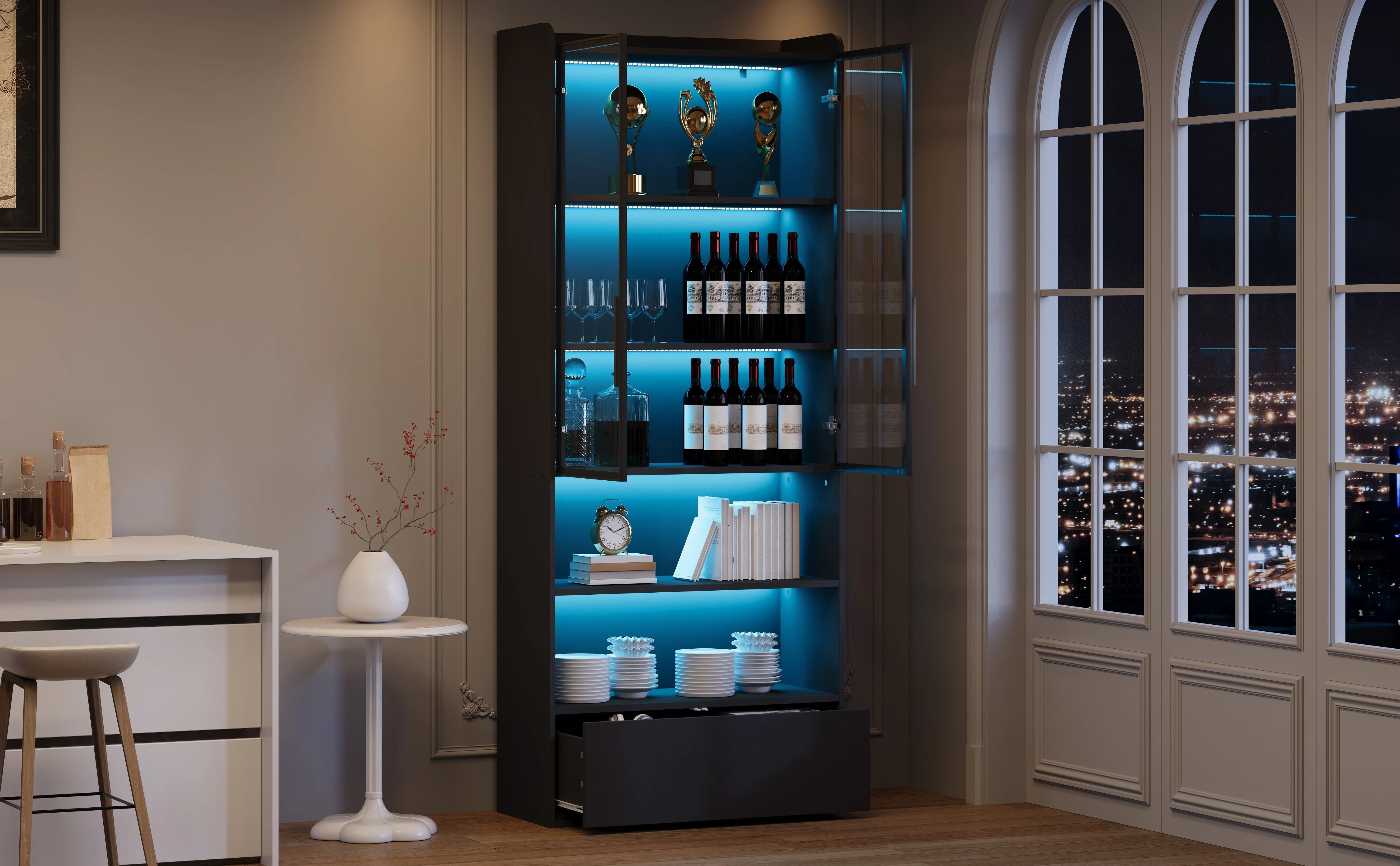 Tall Display Cabinet with 1 Drawer, LED Lighting and Glass Doors, Black - Image 9