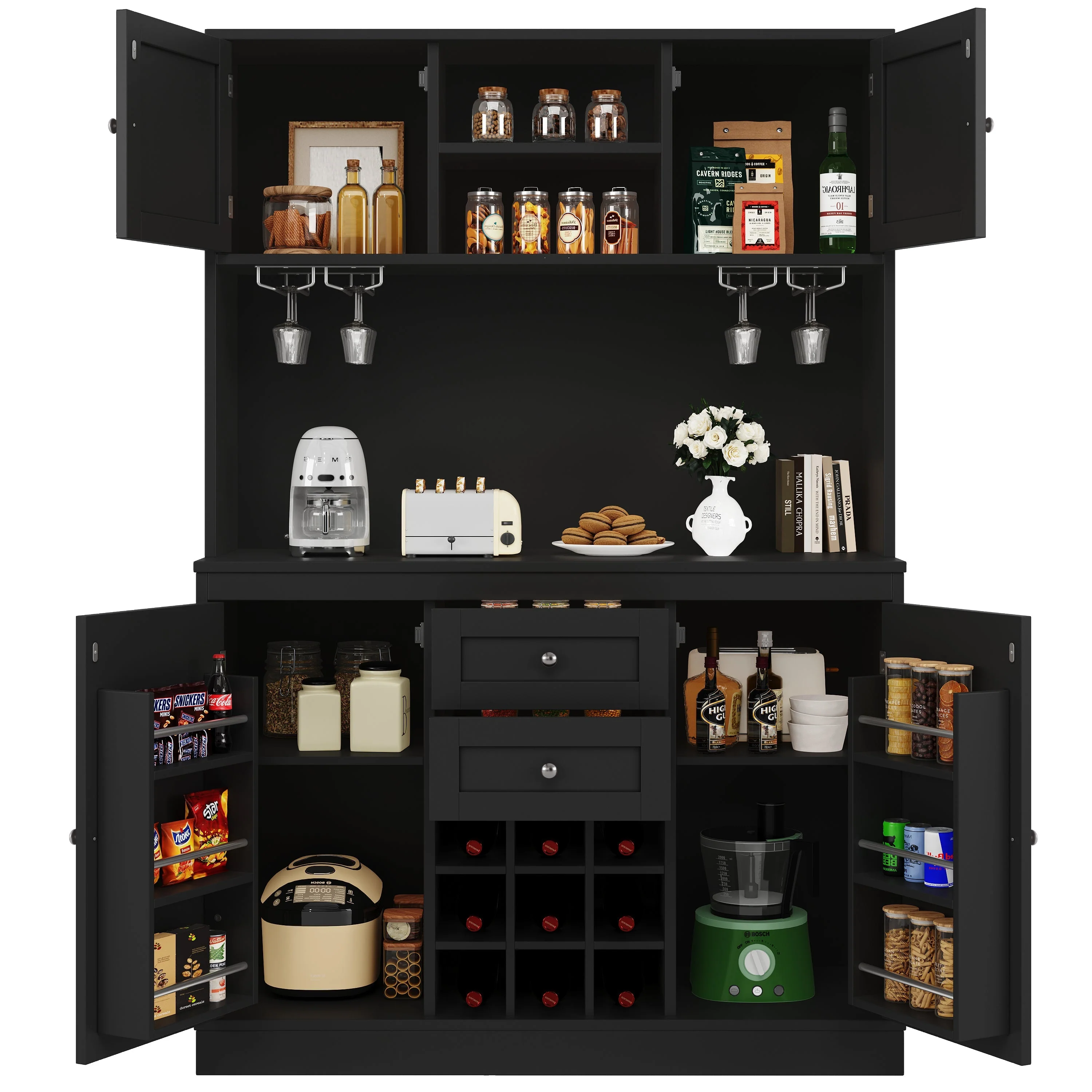 Tall Kitchen Buffet Cabinet with Adjustable Shelves, Wine Rack, 4 Doors & 2 Drawers - Black - Image 10