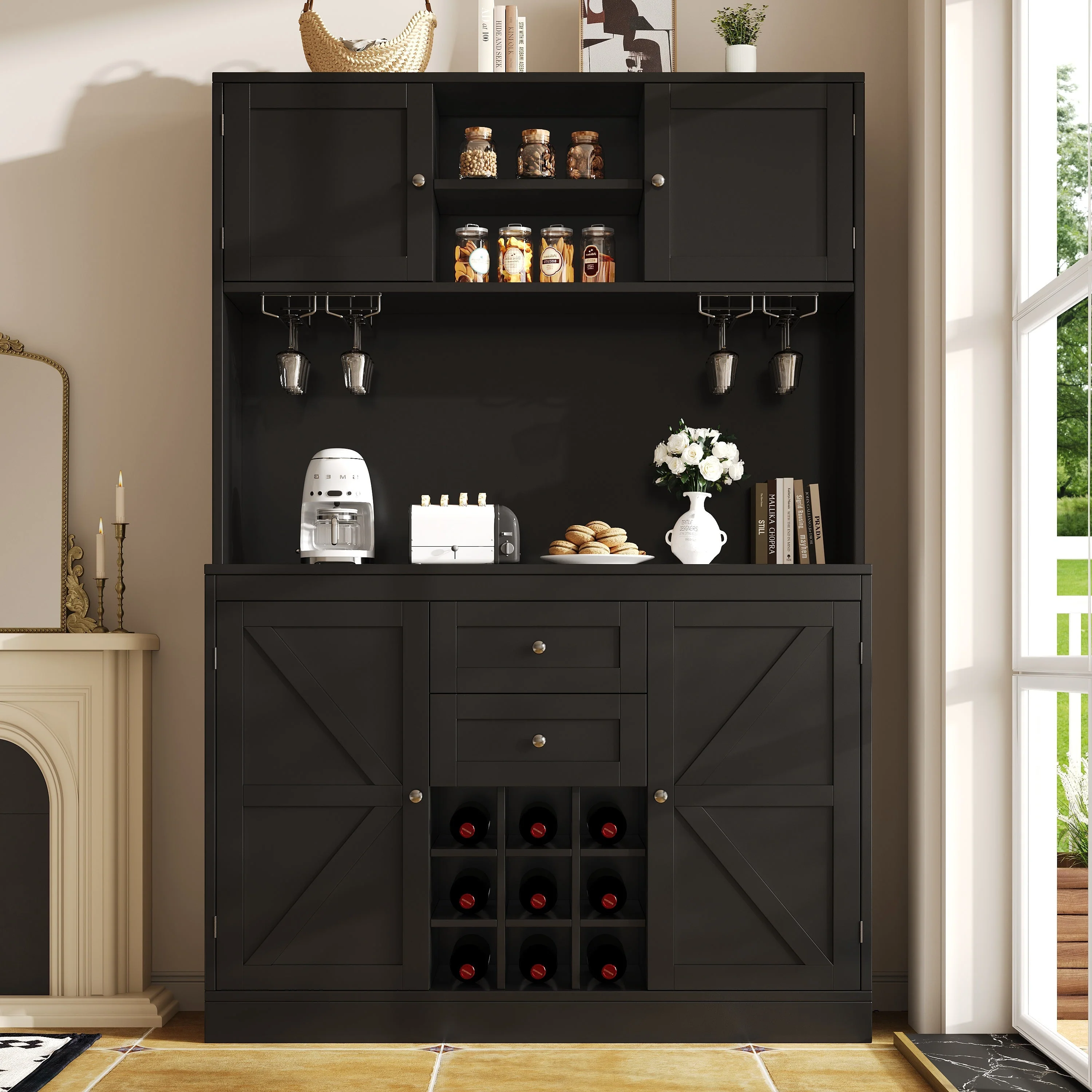 Tall Kitchen Buffet Cabinet with Adjustable Shelves, Wine Rack, 4 Doors & 2 Drawers - Black - Image 2