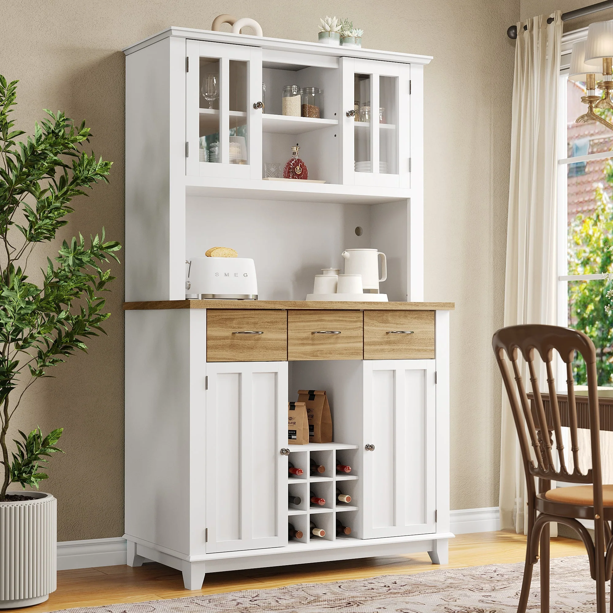 Tall Kitchen Buffet Display Cabinet Adjustable Shelves LED Lighting Wood-Colored Drawers - Image 5