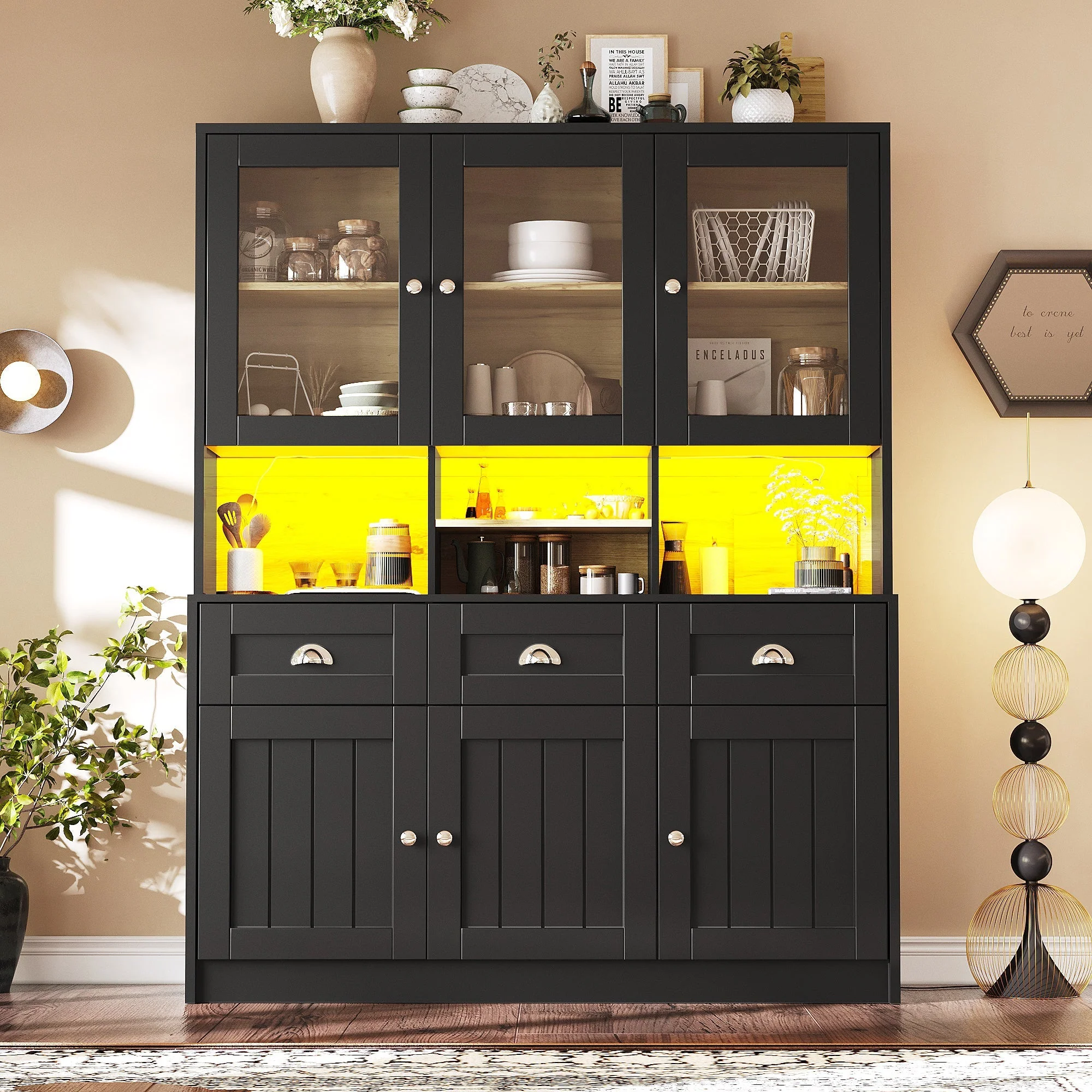 Tall Kitchen Cabinet 140x40x175cm Display Buffet Adjustable Shelves LED - White/Black - Image 3