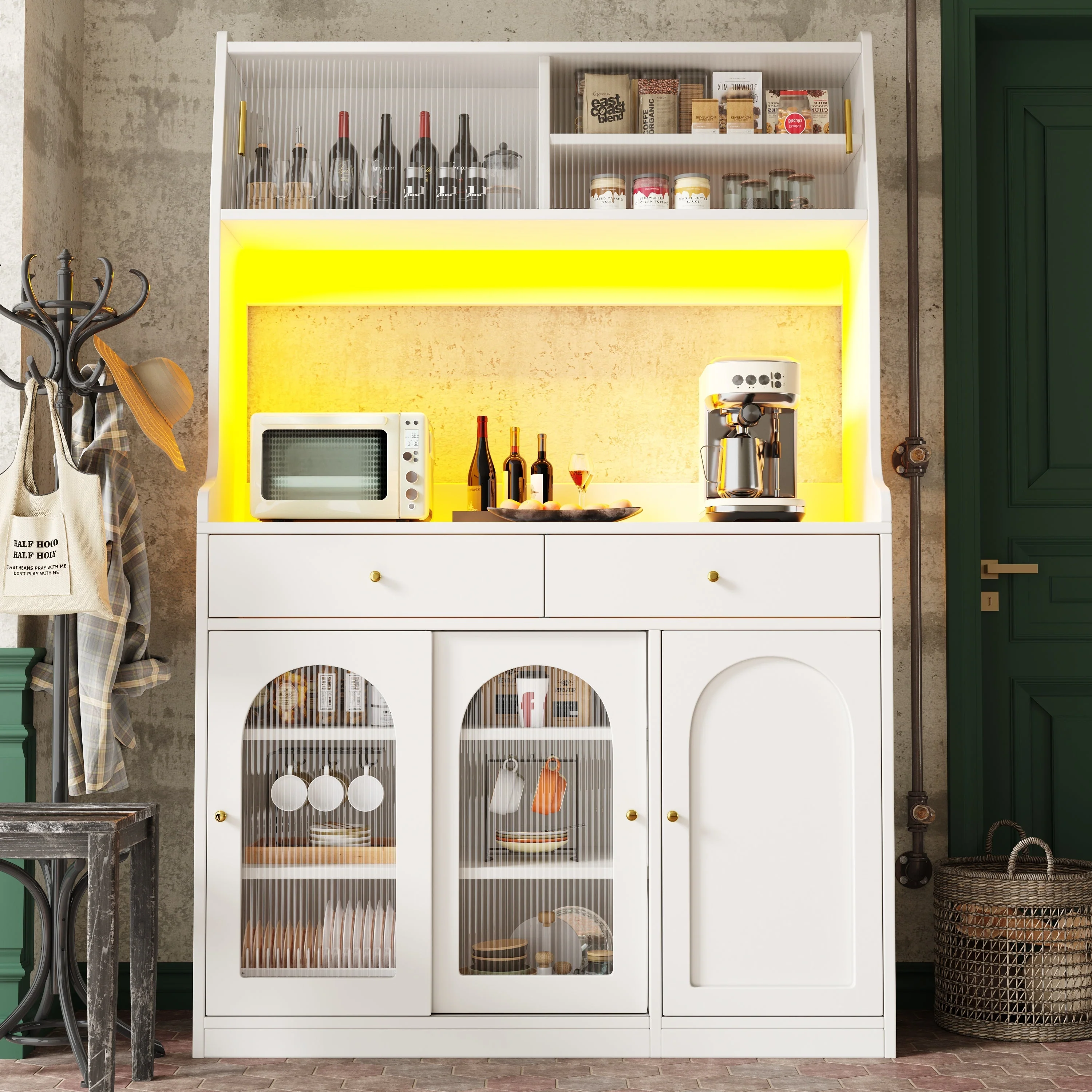 Tall Kitchen Cabinet Buffet Sideboard, Display Storage Adjustable Shelves 2 Drawers LED Lighting - White - Image 2
